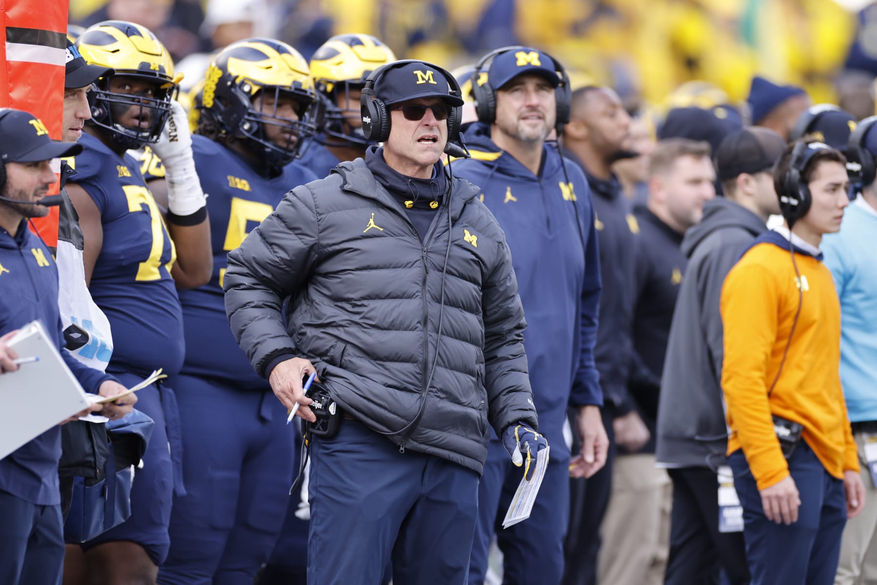 ANN ARBOR, MI - OCTOBER 15: Michigan Wolverines head coach Jim Harbaugh looks on from the sideline during a college football game against the Penn State Nittany Lions on October 15, 2022 at Michigan Stadium in Ann Arbor, Michigan. (Photo by Joe Robbins/Icon Sportswire via Getty Images)