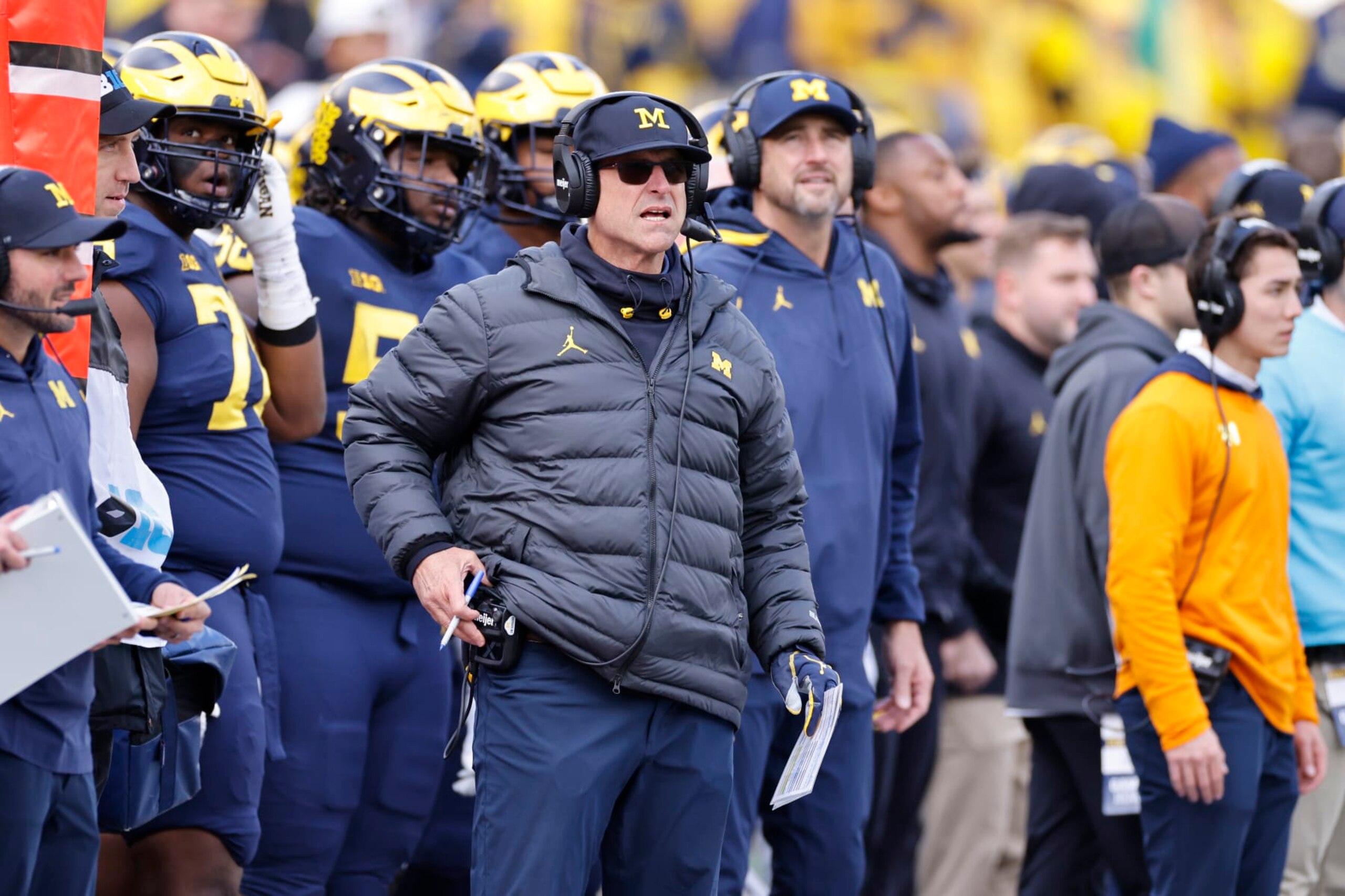 ANN ARBOR, MI - OCTOBER 15: Michigan Wolverines head coach Jim Harbaugh looks on from the sideline during a college football game against the Penn State Nittany Lions on October 15, 2022 at Michigan Stadium in Ann Arbor, Michigan. (Photo by Joe Robbins/Icon Sportswire via Getty Images)