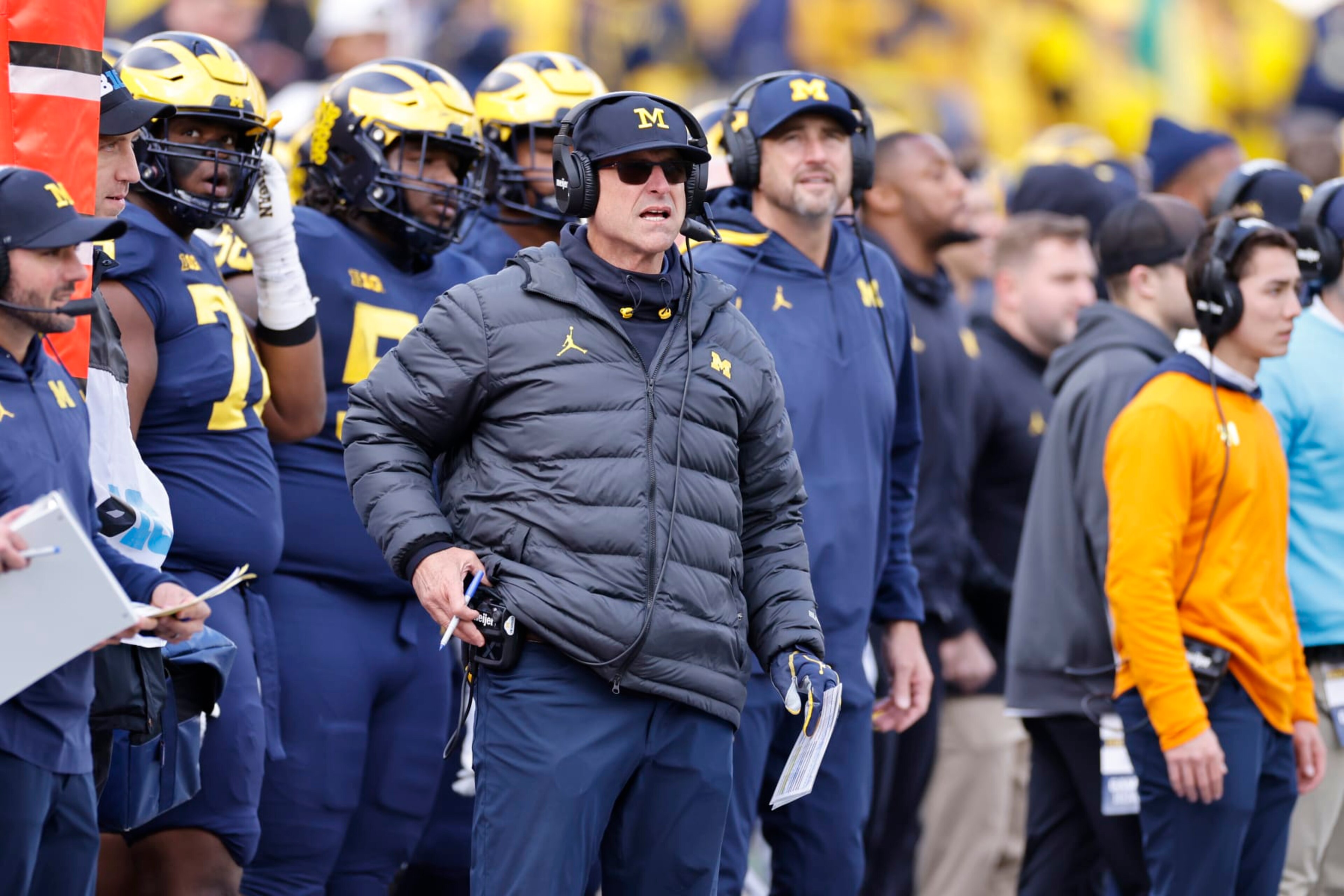 ANN ARBOR, MI - OCTOBER 15: Michigan Wolverines head coach Jim Harbaugh looks on from the sideline during a college football game against the Penn State Nittany Lions on October 15, 2022 at Michigan Stadium in Ann Arbor, Michigan. (Photo by Joe Robbins/Icon Sportswire via Getty Images) ANN ARBOR, MI - OCTOBER 15: Michigan Wolverines head coach Jim Harbaugh looks on from the sideline during a college football game against the Penn State Nittany Lions on October 15, 2022 at Michigan Stadium in Ann Arbor, Michigan. (Photo by Joe Robbins/Icon Sportswire via Getty Images)