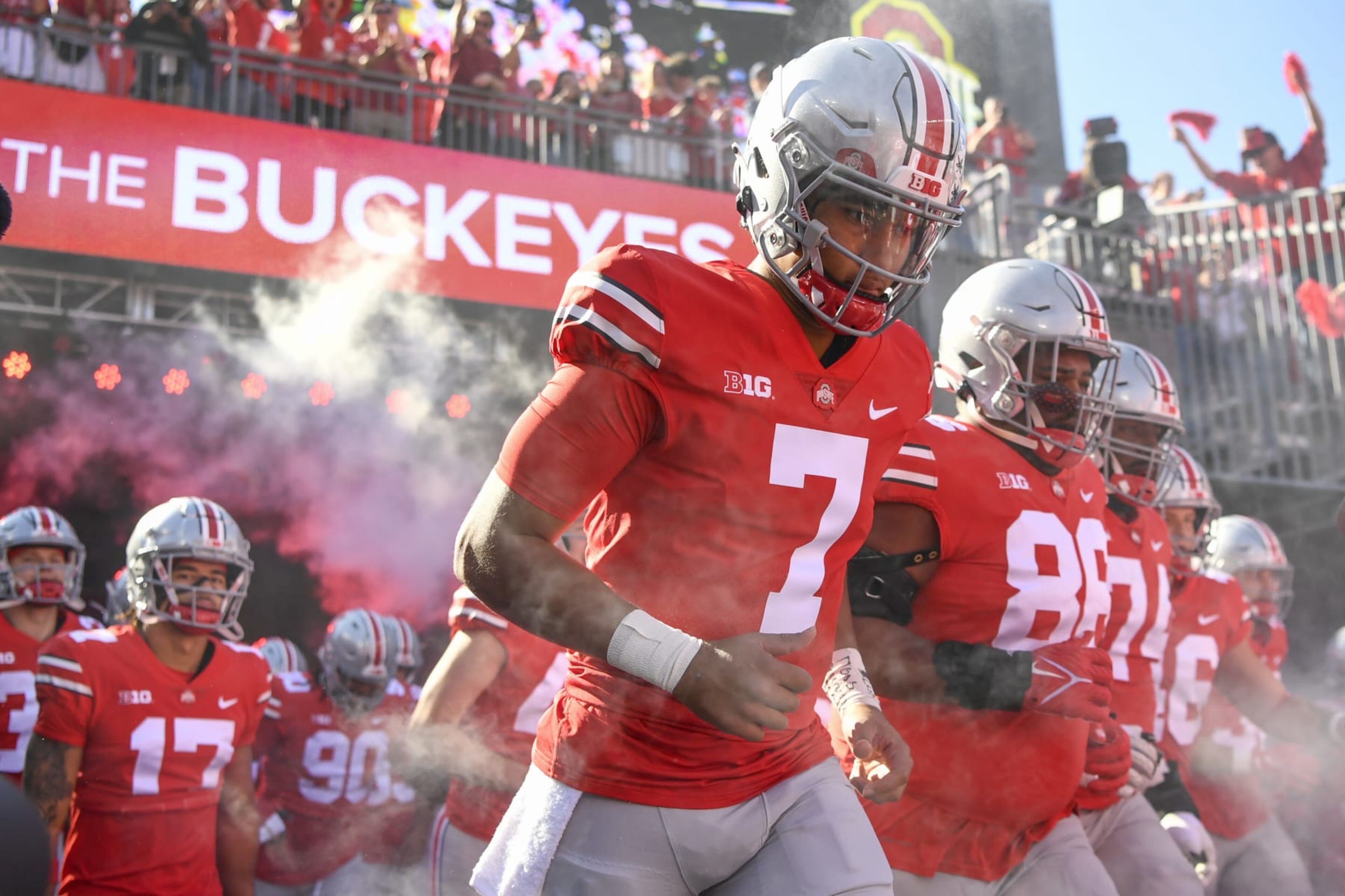 COLUMBUS, OHIO - OCTOBER 22: Quarterback C.J. Stroud #7
of the Ohio State Buckeyes leads his team onto the field before playing the Iowa Hawkeyes at Ohio Stadium on October 22, 2022 in Columbus, Ohio. (Photo by Gaelen Morse/Getty Images) COLUMBUS, OHIO - OCTOBER 22: Quarterback C.J. Stroud #7
of the Ohio State Buckeyes leads his team onto the field before playing the Iowa Hawkeyes at Ohio Stadium on October 22, 2022 in Columbus, Ohio. (Photo by Gaelen Morse/Getty Images)