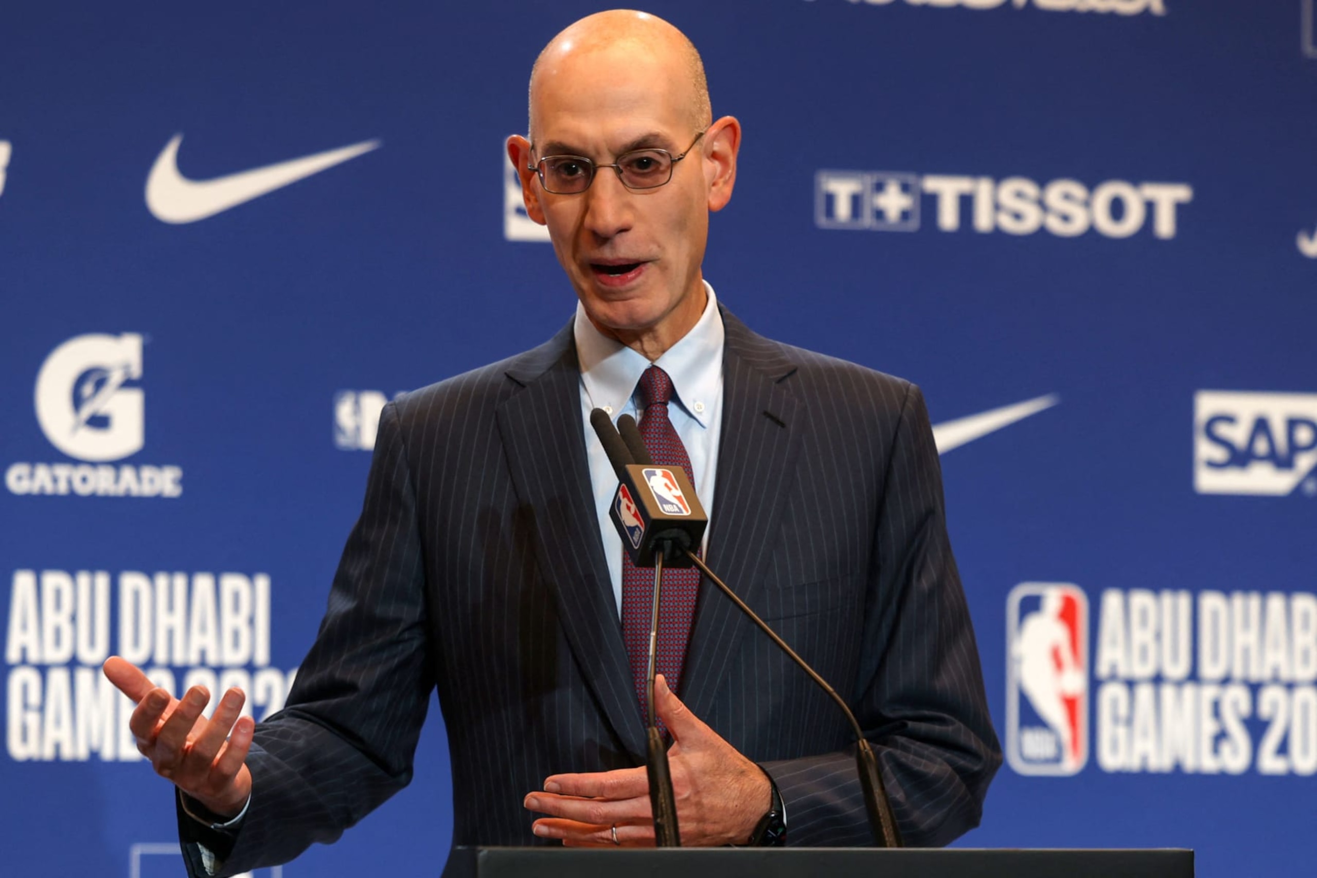 NBA Commissioner Adam Silver speaks during a presser ahead of the NBA pre-season basketball match between the Milwaukee Bucks and the Atlanta Hawks at the Etihad Arena on Yas Island in Abu Dhabi, on October 6, 2022. (Photo by KARIM SAHIB / AFP) (Photo by KARIM SAHIB/AFP via Getty Images)