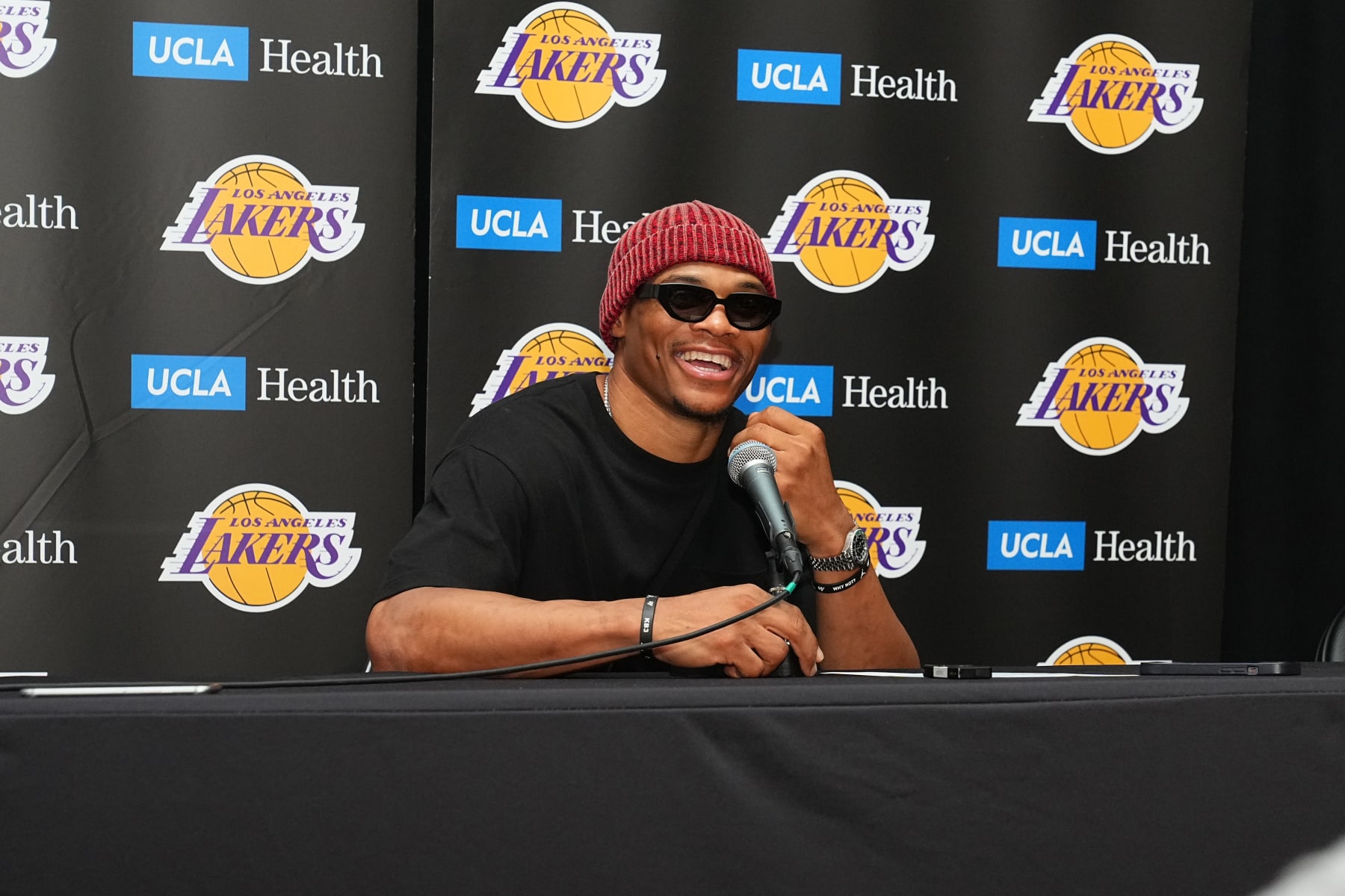 SAN FRANCISCO, CA - OCTOBER 18: Russell Westbrook #0 of the Los Angeles Lakers answers questions during the press conference after the game against the Golden State Warriors  on October 18, 2022 at Chase Center in San Francisco, California. NOTE TO USER: User expressly acknowledges and agrees that, by downloading and or using this photograph, user is consenting to the terms and conditions of Getty Images License Agreement. Mandatory Copyright Notice: Copyright 2022 NBAE (Photo by Garrett Ellwood/NBAE via Getty Images)