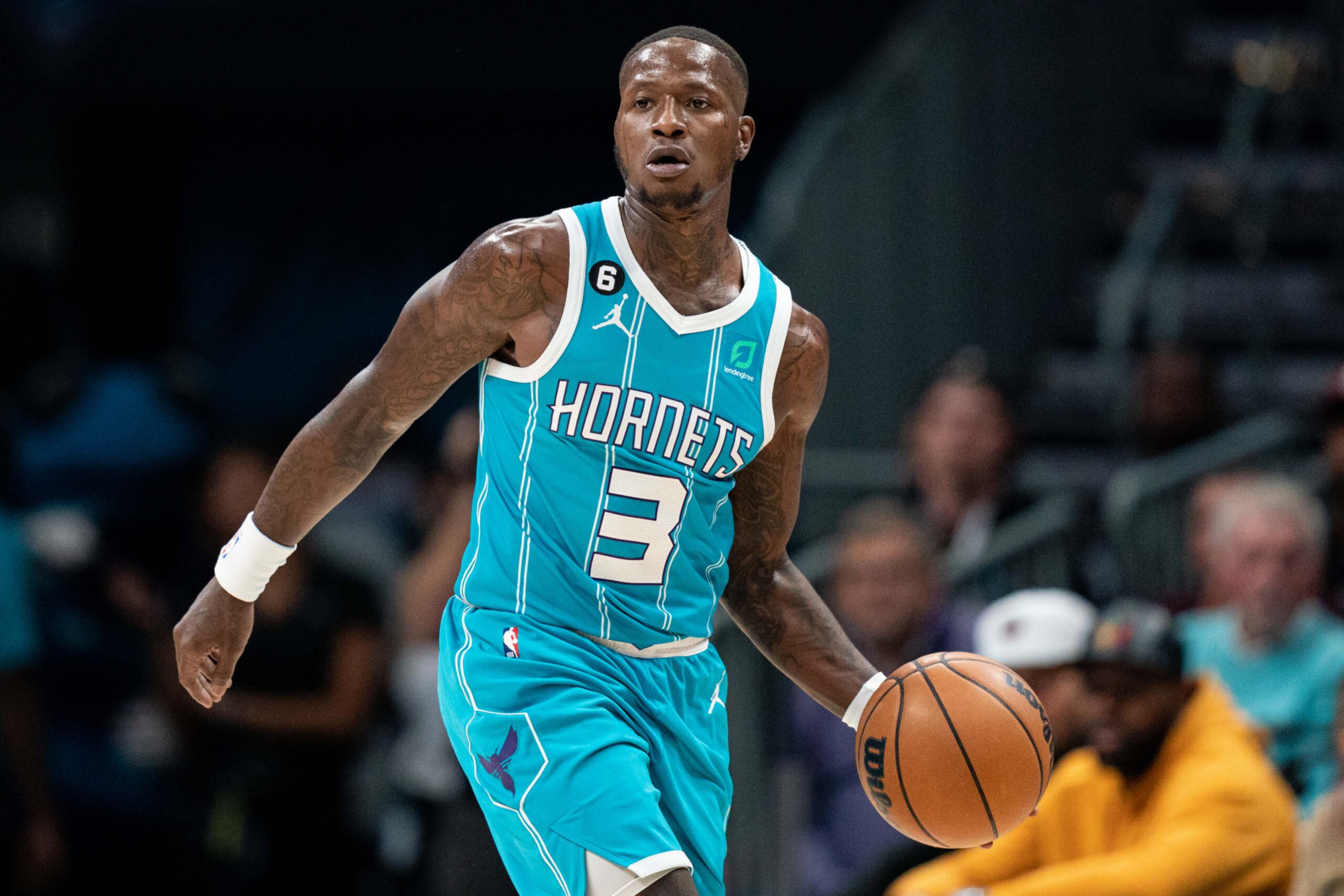 CHARLOTTE, NORTH CAROLINA - OCTOBER 21: Terry Rozier #3 of the Charlotte Hornets brings the ball up court against the New Orleans Pelicans during their game at Spectrum Center on October 21, 2022 in Charlotte, North Carolina. NOTE TO USER: User expressly acknowledges and agrees that, by downloading and or using this photograph, User is consenting to the terms and conditions of the Getty Images License Agreement. (Photo by Jacob Kupferman/Getty Images)
