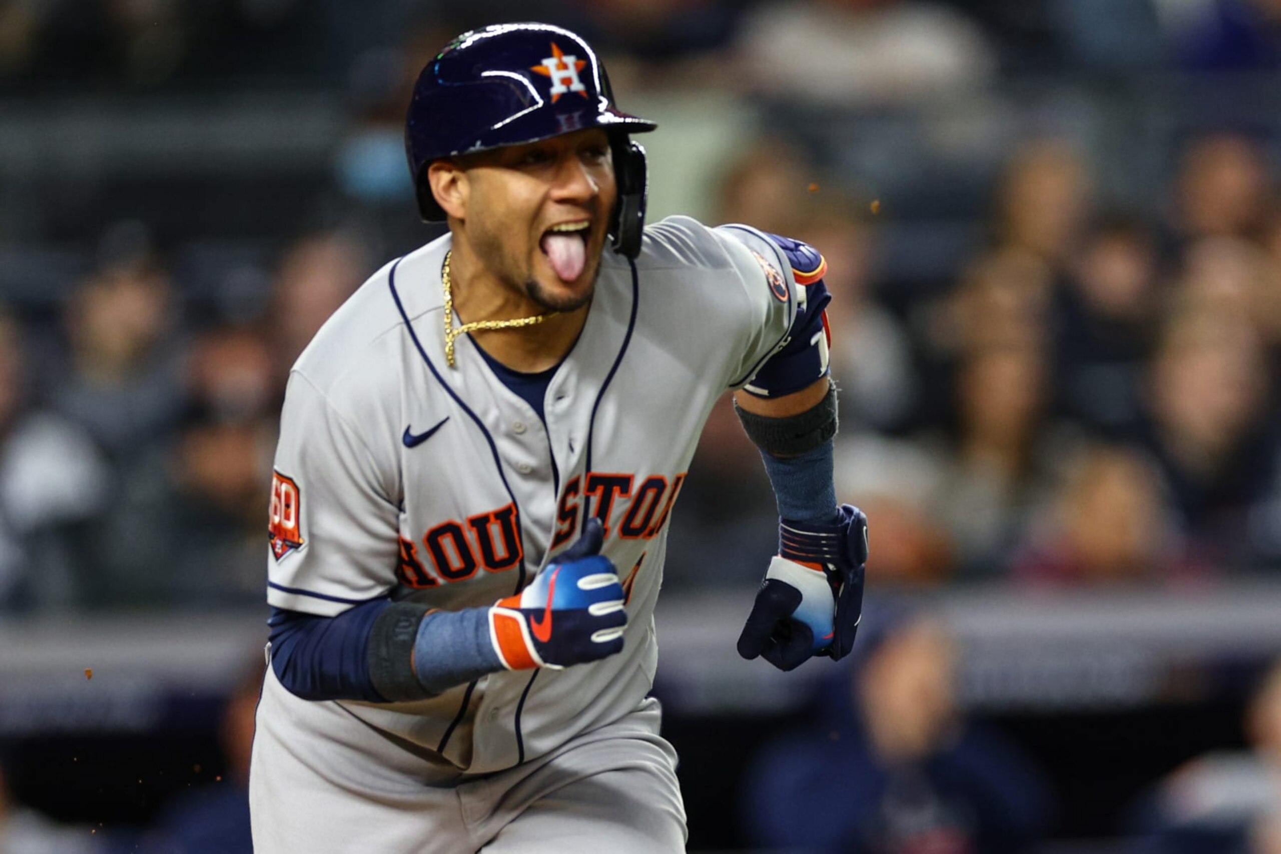 NEW YORK, NEW YORK - OCTOBER 23: Yuli Gurriel #10 of the Houston Astros celebrates his RBI single in the third inning against the New York Yankees in game four of the American League Championship Series at Yankee Stadium on October 23, 2022 in the Bronx borough of New York City. (Photo by Elsa/Getty Images)