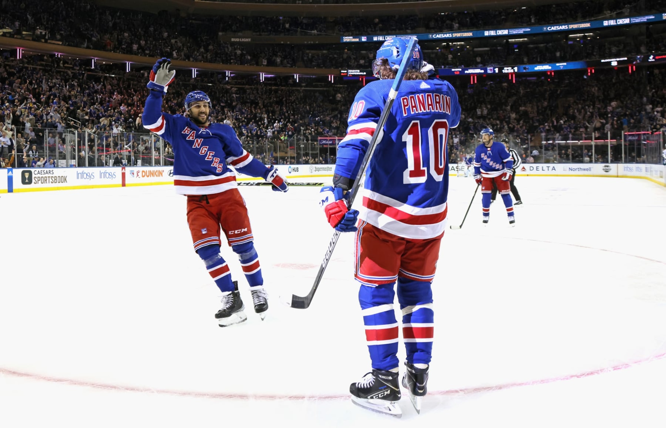 NEW YORK, NEW YORK - OCTOBER 20: Artemi Panarin #10 of the New York Rangers celebrates his goal at 9:05 of the second period against the San Jose Sharks and is joined by Vincent Trocheck #16  (L) at Madison Square Garden on October 20, 2022 in New York City. (Photo by Bruce Bennett/Getty Images)