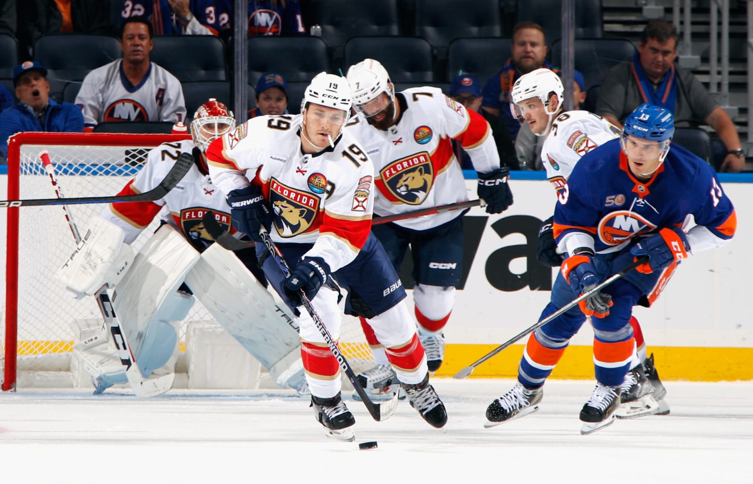 ELMONT, NEW YORK - OCTOBER 13: Matthew Tkachuk #19 of the Florida Panthers skates against the New York Islanders at the Islanders home opener at the UBS Arena on October 13, 2022 in Elmont, New York. (Photo by Bruce Bennett/Getty Images)
