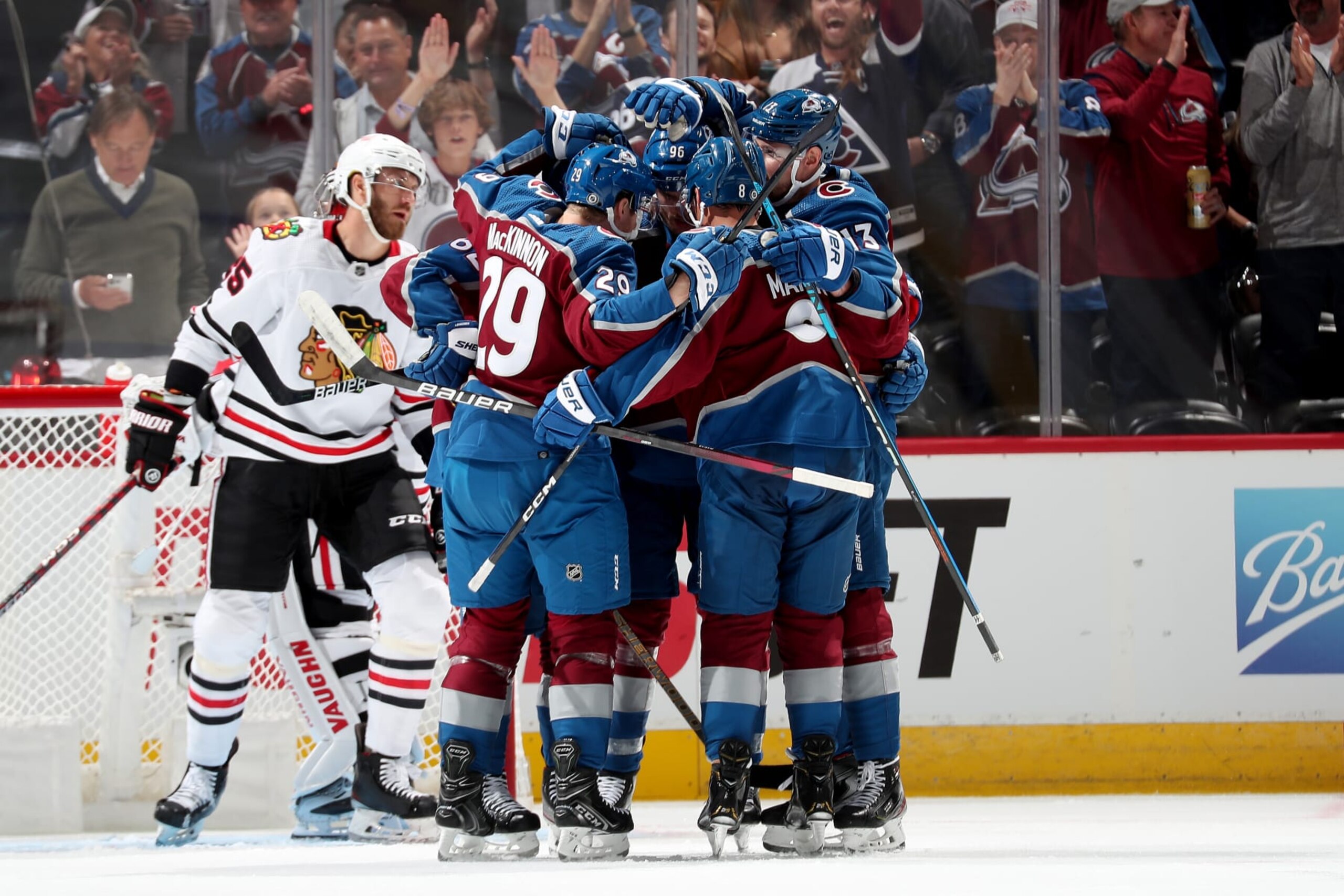 DENVER, COLORADO - OCTOBER 12: Nathan MacKinnon #29, Artturi Lehkonen #62, Mikko Rantanen #96, Valeri Nichushkin #13 and Cale Makar #8 of the Colorado Avalanche celebrate a goal against the Chicago Blackhawks at Ball Arena on October 12, 2022 in Denver, Colorado. (Photo by Michael Martin/NHLI via Getty Images)