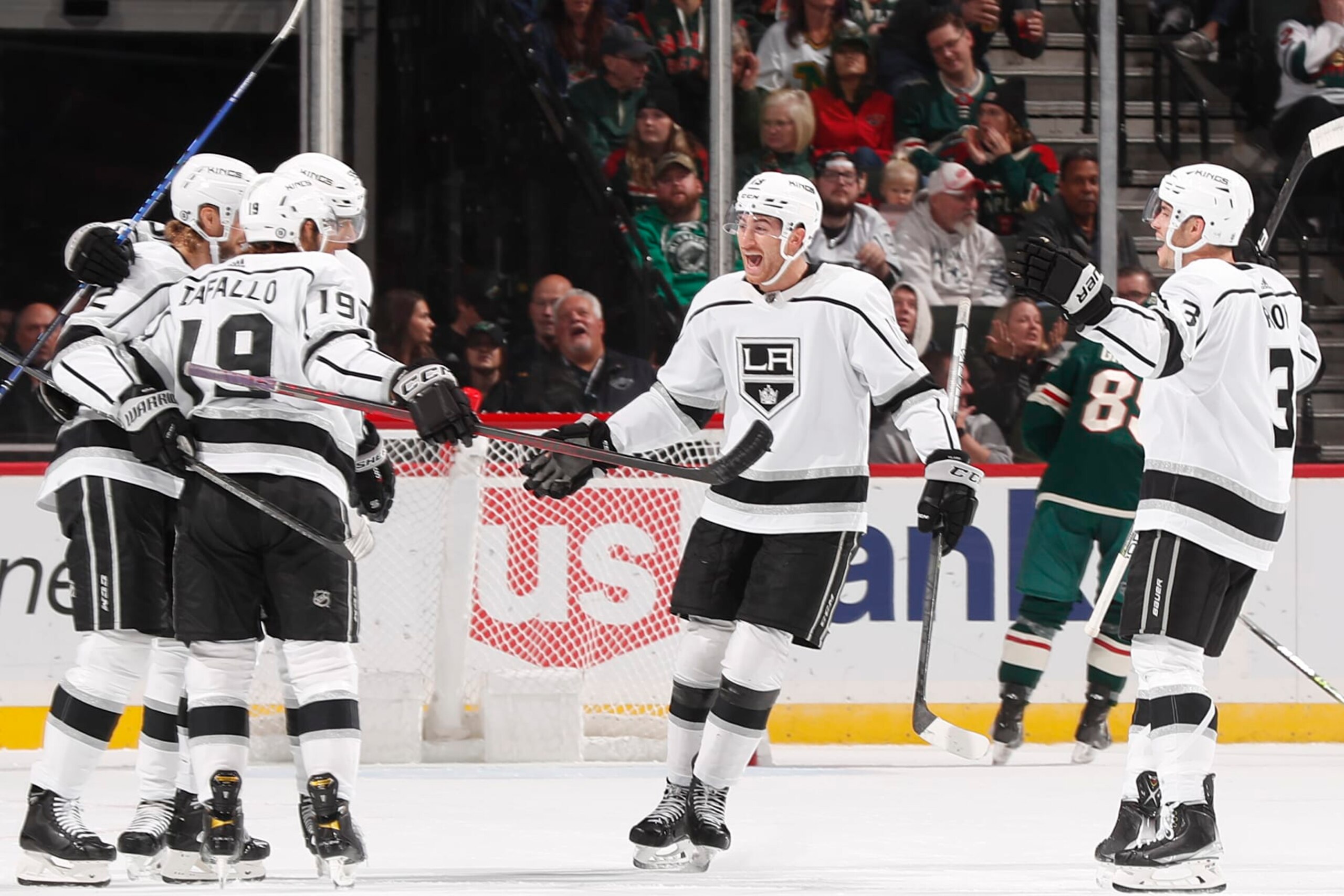 SAINT PAUL, MN - OCTOBER 15: Matt Roy #3, Gabriel Vilardi #13, Alex Iafallo #19 and Alexander Edler #2 of the Los Angeles Kings celebrate after scoring a goal against the Minnesota Wild during the game at the Xcel Energy Center on October 15, 2022 in Saint Paul, Minnesota. (Photo by Bruce Kluckhohn/NHLI via Getty Images)