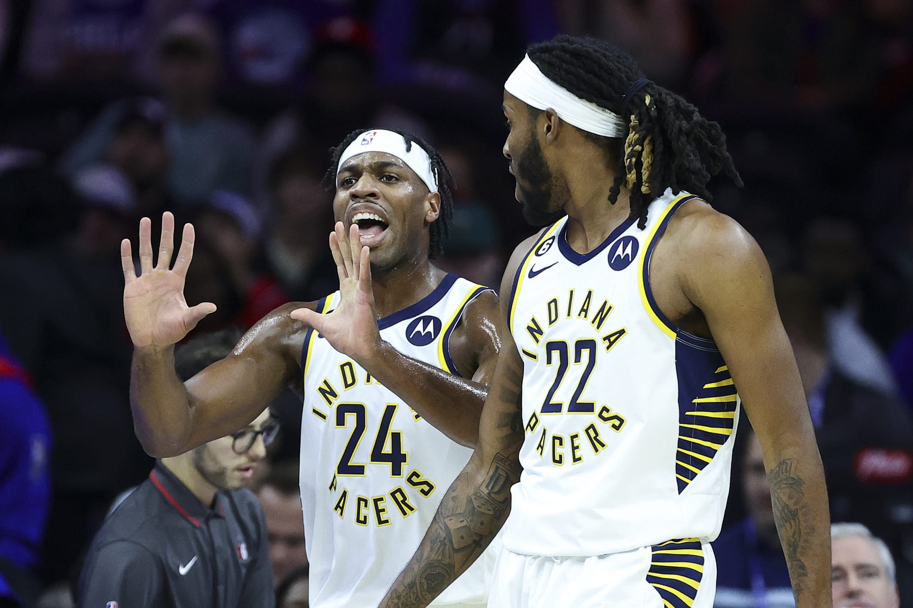 PHILADELPHIA, PENNSYLVANIA - OCTOBER 24: Buddy Hield #24 of the Indiana Pacers reacts during the first quarter against the Philadelphia 76ers at Wells Fargo Center on October 24, 2022 in Philadelphia, Pennsylvania. NOTE TO USER: User expressly acknowledges and agrees that, by downloading and or using this photograph, User is consenting to the terms and conditions of the Getty Images License Agreement. (Photo by Tim Nwachukwu/Getty Images)