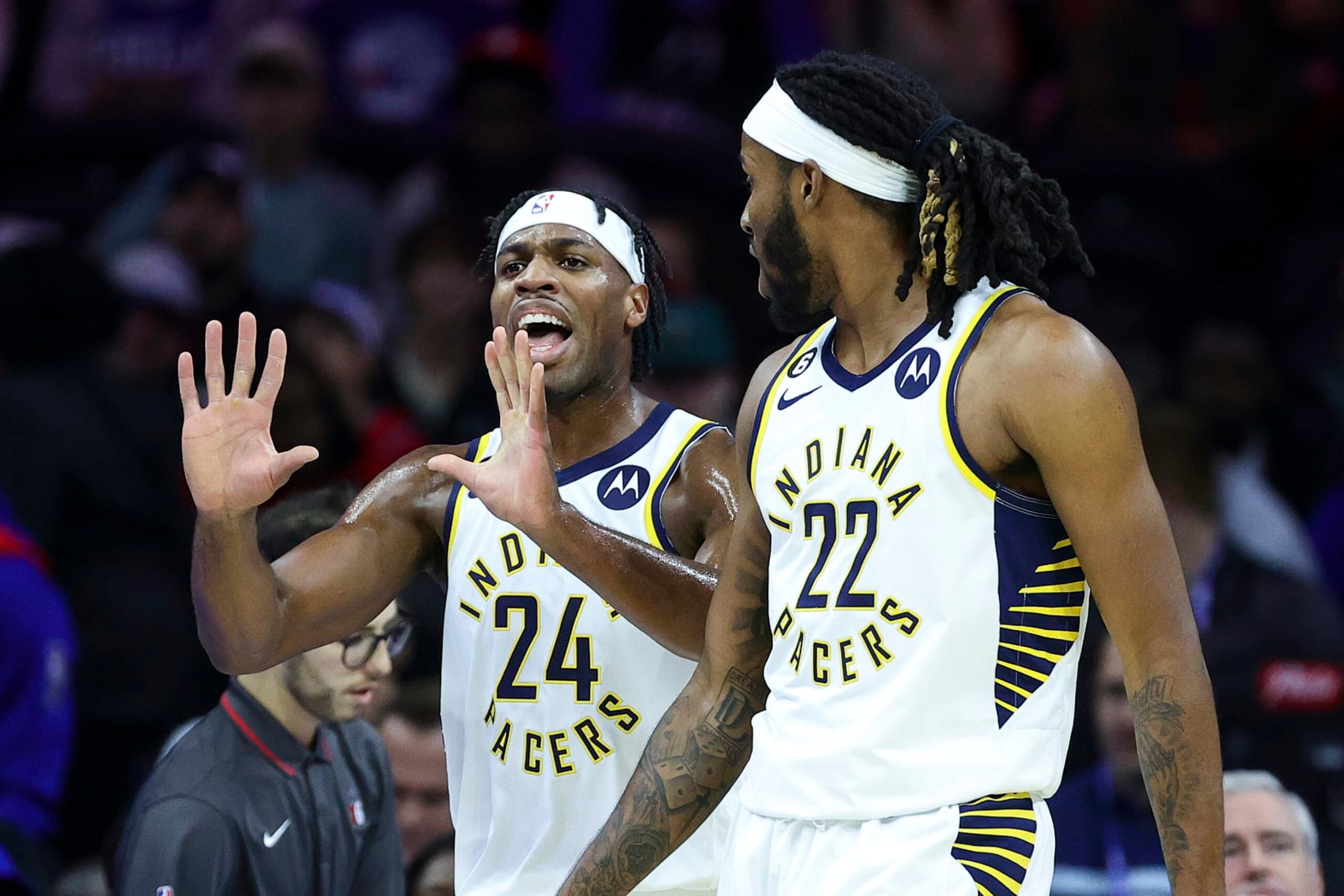 PHILADELPHIA, PENNSYLVANIA - OCTOBER 24: Buddy Hield #24 of the Indiana Pacers reacts during the first quarter against the Philadelphia 76ers at Wells Fargo Center on October 24, 2022 in Philadelphia, Pennsylvania. NOTE TO USER: User expressly acknowledges and agrees that, by downloading and or using this photograph, User is consenting to the terms and conditions of the Getty Images License Agreement. (Photo by Tim Nwachukwu/Getty Images)