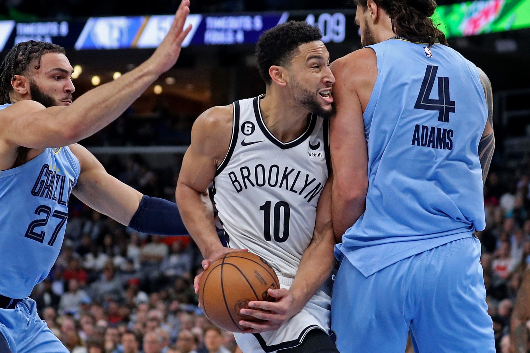 MEMPHIS, TENNESSEE - OCTOBER 24: Ben Simmons #10 of the Brooklyn Nets goes to the basket against Steven Adams #4 of the Memphis Grizzlies at FedExForum on October 24, 2022 in Memphis, Tennessee. NOTE TO USER: User expressly acknowledges and agrees that, by downloading and or using this photograph, User is consenting to the terms and conditions of the Getty Images License Agreement. (Photo by Justin Ford/Getty Images)