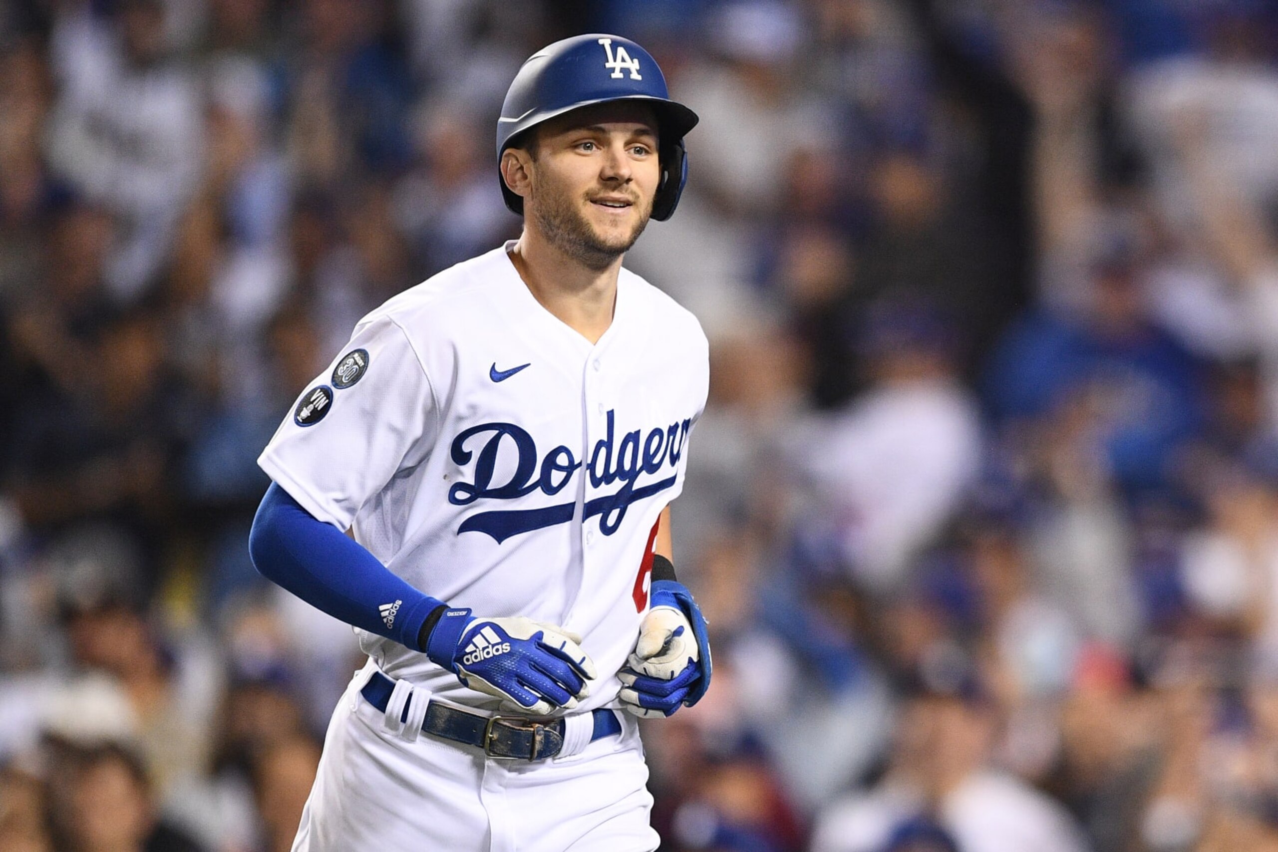 LOS ANGELES, CA - OCTOBER 12: Los Angeles Dodgers shortstop Trea Turner (6) heads back to the dugout after hitting a home run during the NLDS Game 2 between the San Diego Padres and the Los Angeles Dodgers on October 12, 2022 at Dodger Stadium in Los Angeles, CA. (Photo by Brian Rothmuller/Icon Sportswire via Getty Images)