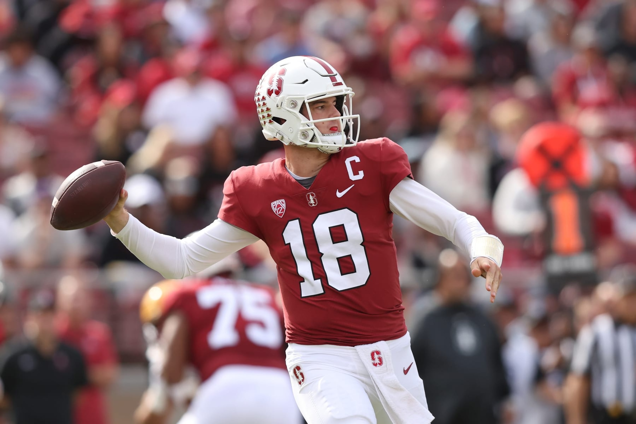 STANFORD, CALIFORNIA - OCTOBER 22: Quarterback Tanner McKee #18 of the Stanford Cardinal looks to pass the ball in the second quarter against the Arizona State Sun Devils at Stanford Stadium on October 22, 2022 in Stanford, California. (Photo by Lachlan Cunningham/Getty Images)