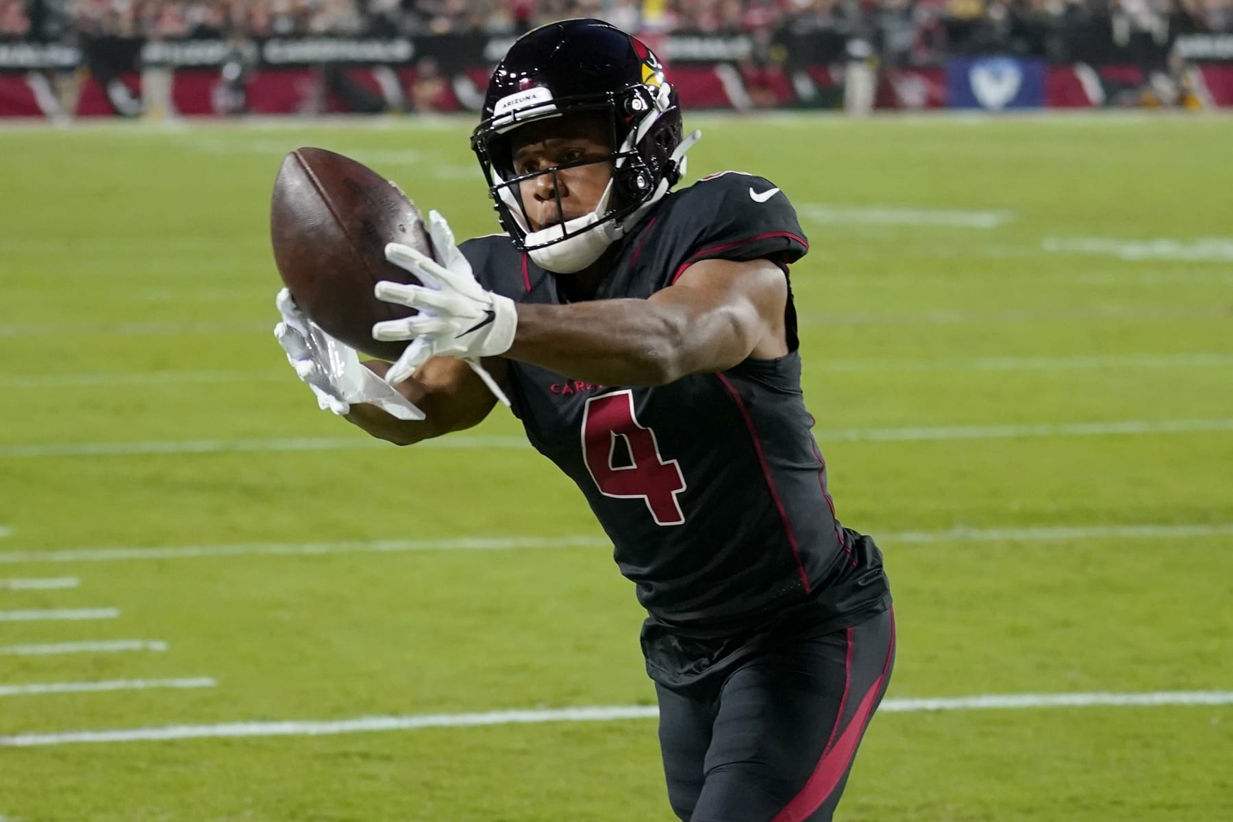Arizona Cardinals wide receiver Rondale Moore (4) against the New Orleans Saints during the first half of an NFL football game, Thursday, Oct. 20, 2022, in Glendale, Ariz. (AP Photo/Matt York)