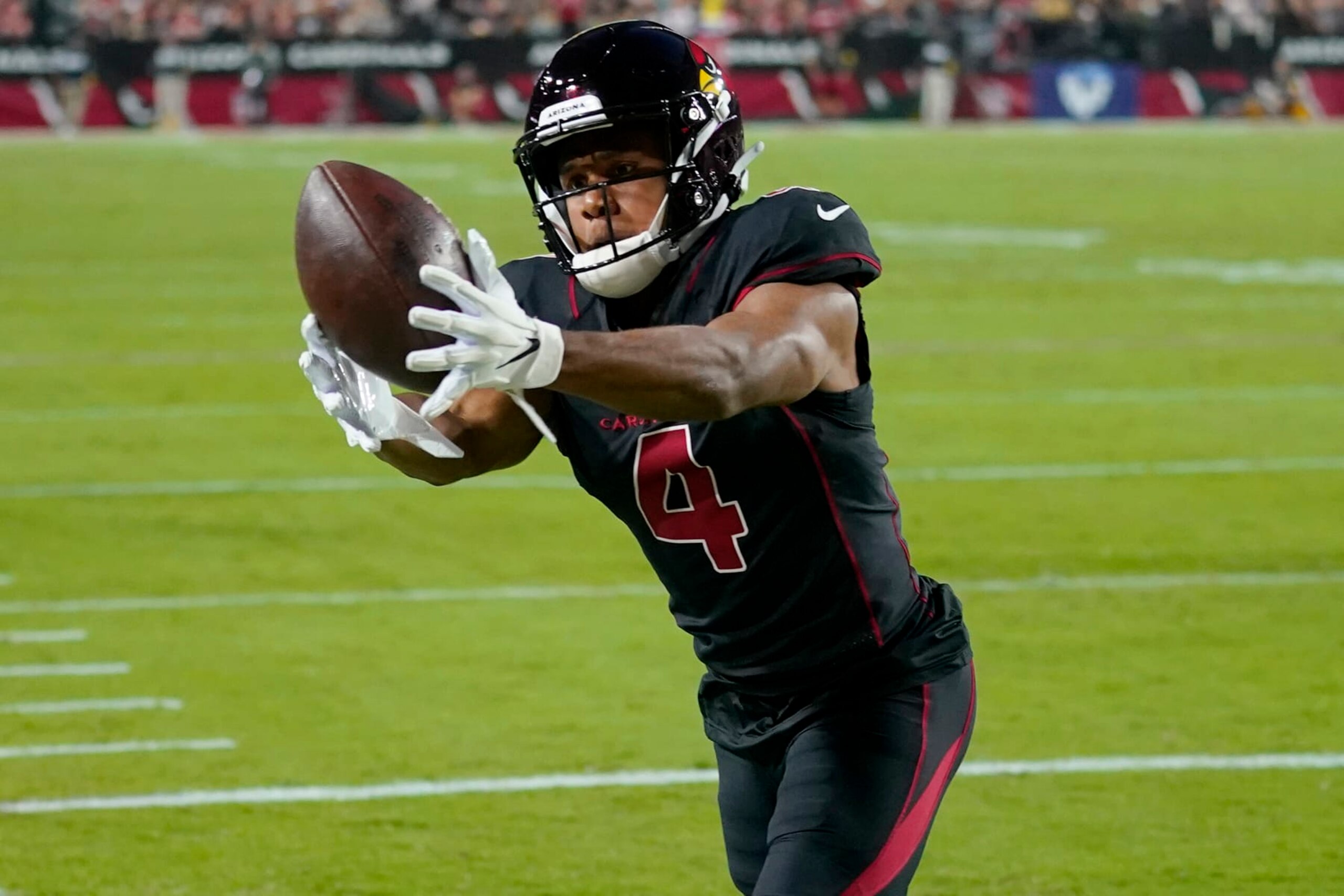 Arizona Cardinals wide receiver Rondale Moore (4) against the New Orleans Saints during the first half of an NFL football game, Thursday, Oct. 20, 2022, in Glendale, Ariz. (AP Photo/Matt York)