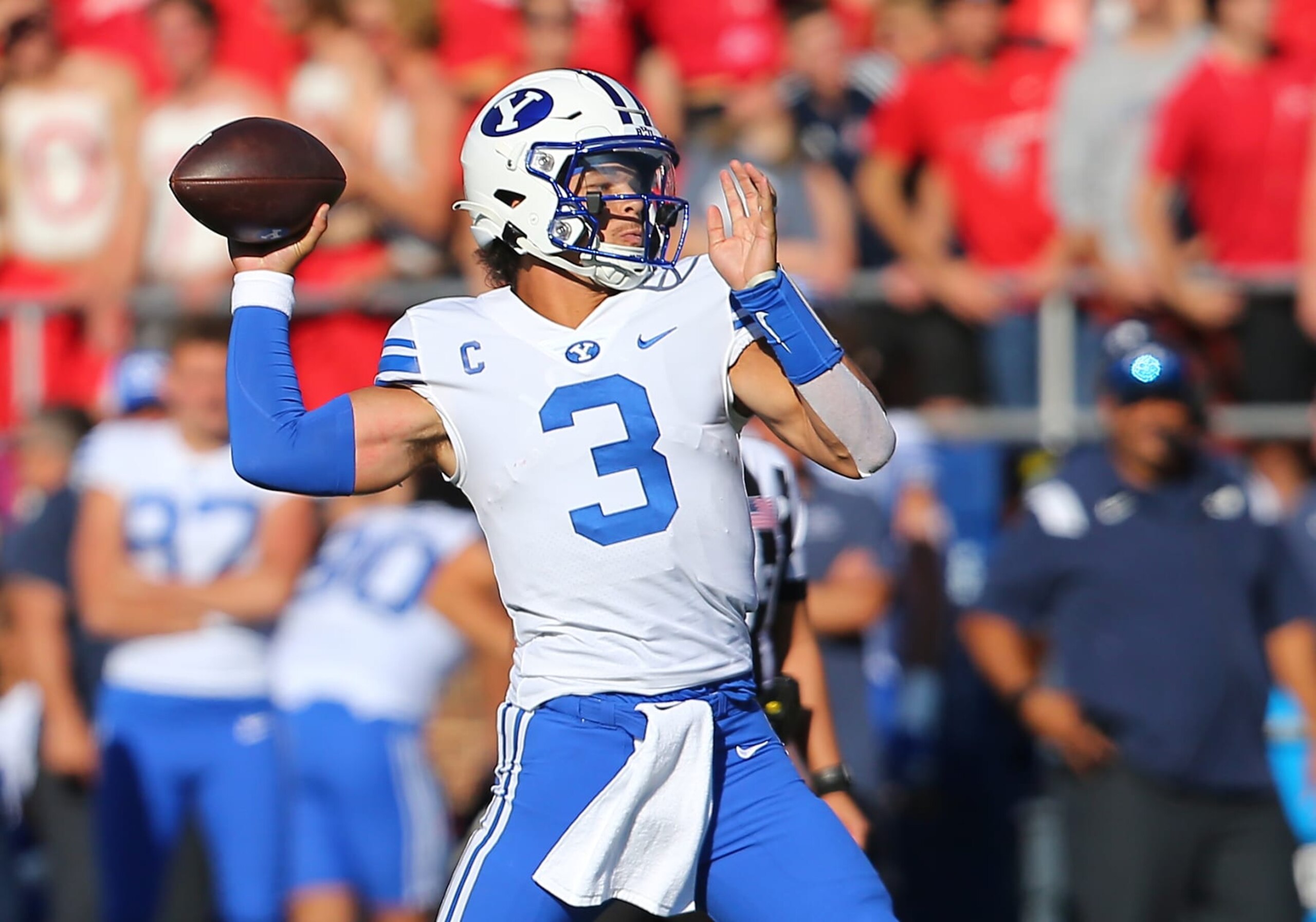LYNCHBURG, VA - OCTOBER 22: BYU Cougars quarterback Jaren Hall (3) throws a pass from the pocket during a college football game between the BYU Cougars and the Liberty Flames on October 22, 2022, at Williams Stadium in Lynchburg, VA. (Photo by Lee Coleman/Icon Sportswire via Getty Images)
