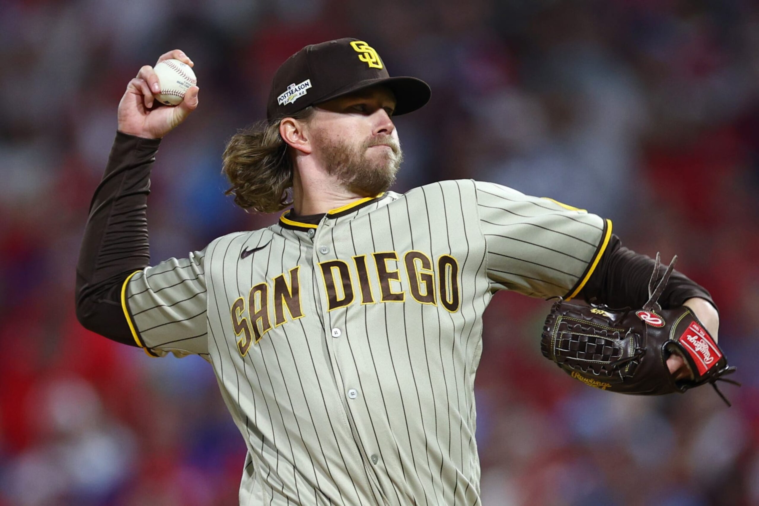 PHILADELPHIA, PENNSYLVANIA - OCTOBER 21: Pierce Johnson #36 of the San Diego Padres pitches during the seventh inning against the Philadelphia Phillies in game three of the National League Championship Series at Citizens Bank Park on October 21, 2022 in Philadelphia, Pennsylvania. (Photo by Elsa/Getty Images)