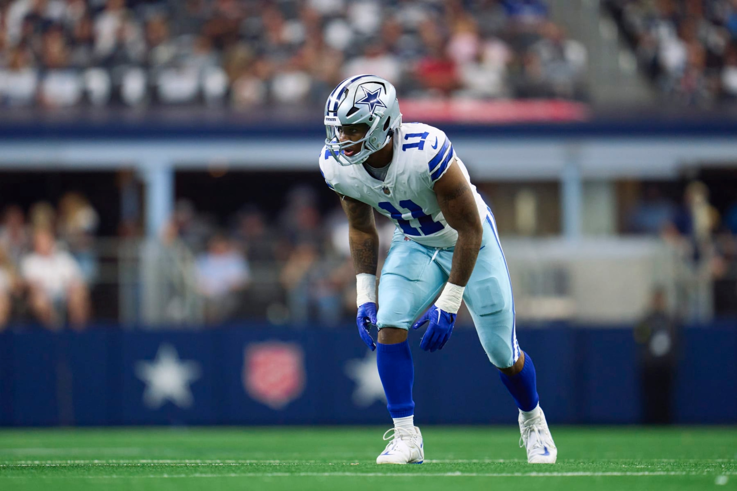 ARLINGTON, TX - OCTOBER 23: Micah Parsons #11 of the Dallas Cowboys lines up against the Detroit Lions during the second half at AT&T Stadium on October 23, 2022 in Arlington, Texas. (Photo by Cooper Neill/Getty Images)