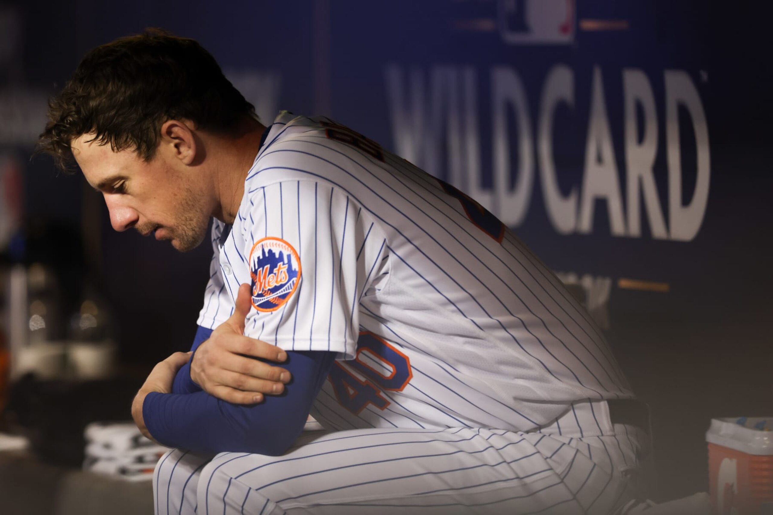 NEW YORK, NY - OCTOBER 09:   Chris Bassitt #40 of the New York Mets looks on in the dugout in the fourth inning during the Wild Card Series game between the San Diego Padres and the New York Mets at Citi Field on Sunday, October 9, 2022 in New York, New York. (Photo by Rob Tringali/MLB Photos via Getty Images)