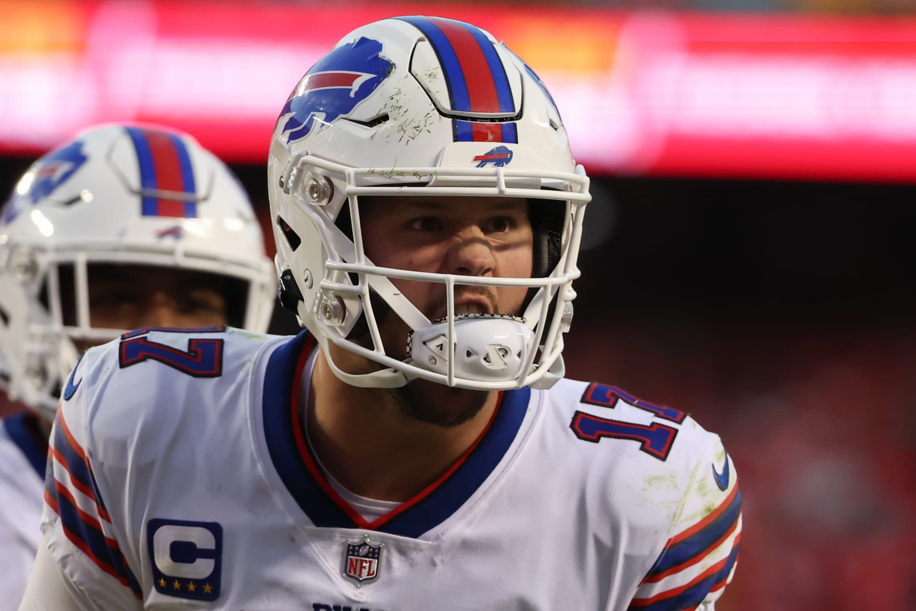 KANSAS CITY, MO - OCTOBER 16: Buffalo Bills quarterback Josh Allen (17) yells to celebrate a 14-yard touchdown pass to Dawson Knox (88) late in the fourth quarter of an NFL game between the Buffalo Bills and Kansas City Chiefs on October 16, 2022 at GEHA Field at Arrowhead Stadium in Kansas City, MO. Photo by Scott Winters/Icon Sportswire via Getty Images)