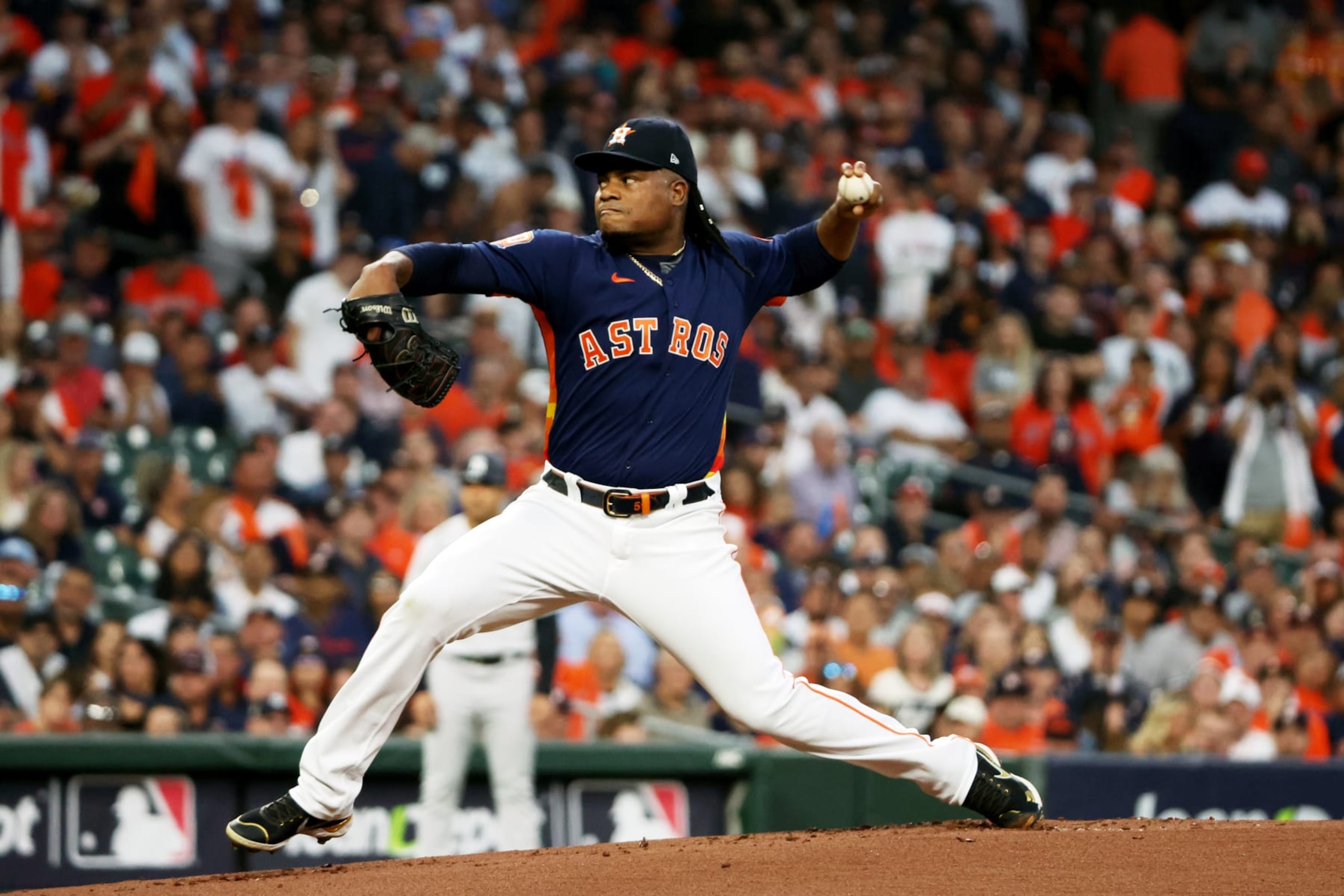 HOUSTON, TX - OCTOBER 20:  Framber Valdez #59 of the Houston Astros pitches during Game 2 of the ALCS between the New York Yankees and the Houston Astros at Minute Maid Park on Thursday, October 20, 2022 in Houston, Texas. (Photo by Mary DeCicco/MLB Photos via Getty Images)