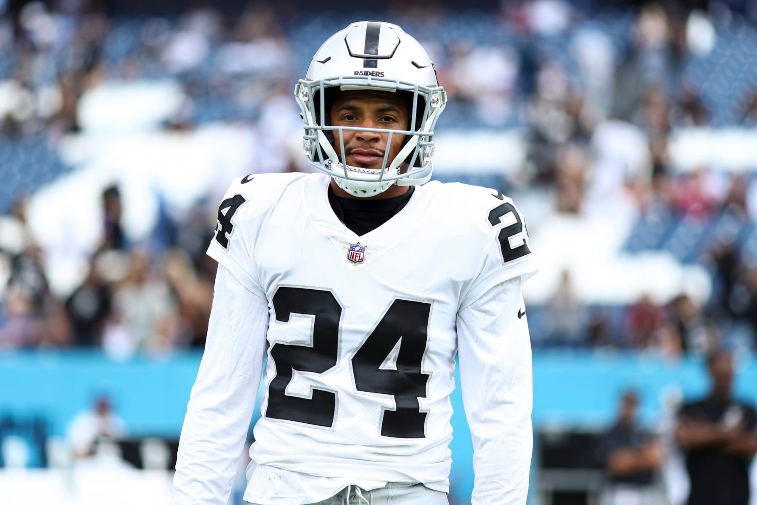NASHVILLE, TN - SEPTEMBER 25: Johnathan Abram #24 of the Las Vegas Raiders poses for a photo prior to an NFL football game against the Tennessee Titans at Nissan Stadium on September 25, 2022 in Nashville, Tennessee. (Photo by Kevin Sabitus/Getty Images)