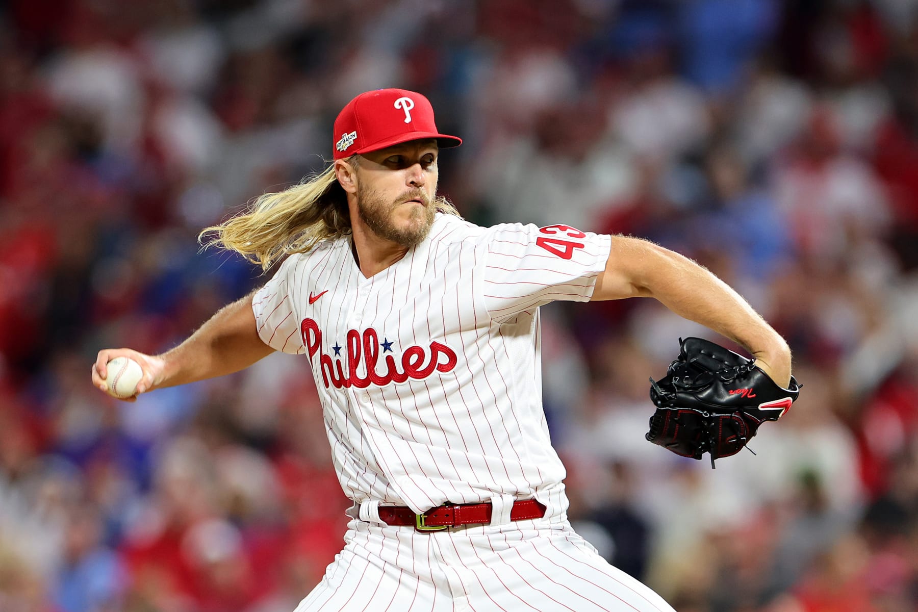 PHILADELPHIA, PENNSYLVANIA - OCTOBER 22: Noah Syndergaard #43 of the Philadelphia Phillies pitches during the sixth inning against the San Diego Padres in game four of the National League Championship Series at Citizens Bank Park on October 22, 2022 in Philadelphia, Pennsylvania. (Photo by Michael Reaves/Getty Images)