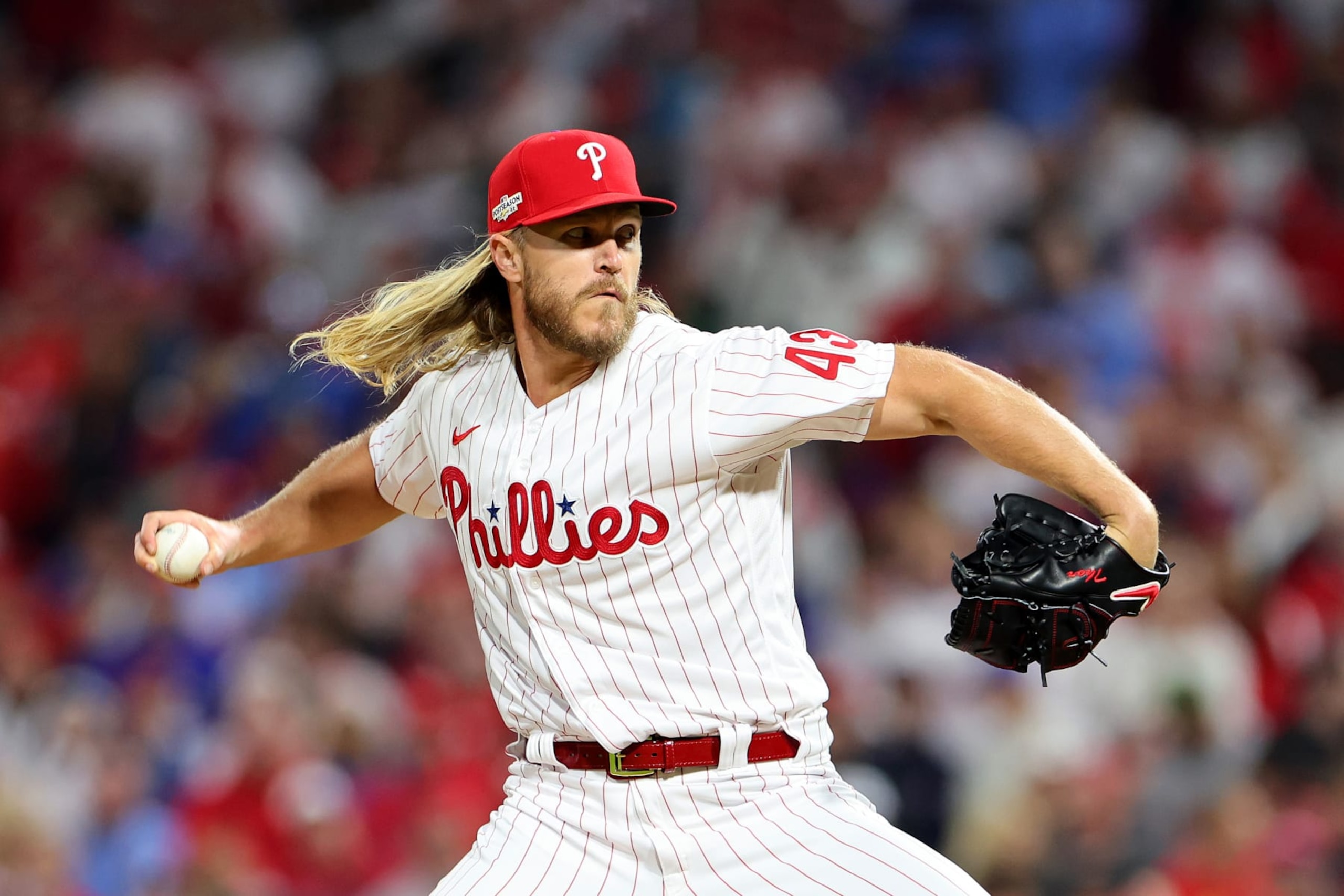 PHILADELPHIA, PENNSYLVANIA - OCTOBER 22: Noah Syndergaard #43 of the Philadelphia Phillies pitches during the sixth inning against the San Diego Padres in game four of the National League Championship Series at Citizens Bank Park on October 22, 2022 in Philadelphia, Pennsylvania. (Photo by Michael Reaves/Getty Images)