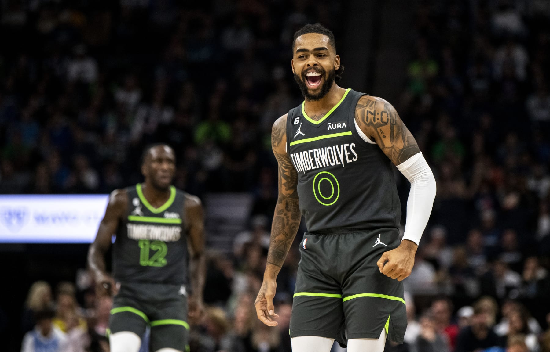 MINNEAPOLIS, MN - OCTOBER 21: D'Angelo Russell #0 of the Minnesota Timberwolves reacts after missing a shot in the second quarter of the game against the Utah Jazz at Target Center on October 21, 2022 in Minneapolis, Minnesota. NOTE TO USER: User expressly acknowledges and agrees that, by downloading and or using this photograph, User is consenting to the terms and conditions of the Getty Images License Agreement. (Photo by Stephen Maturen/Getty Images)