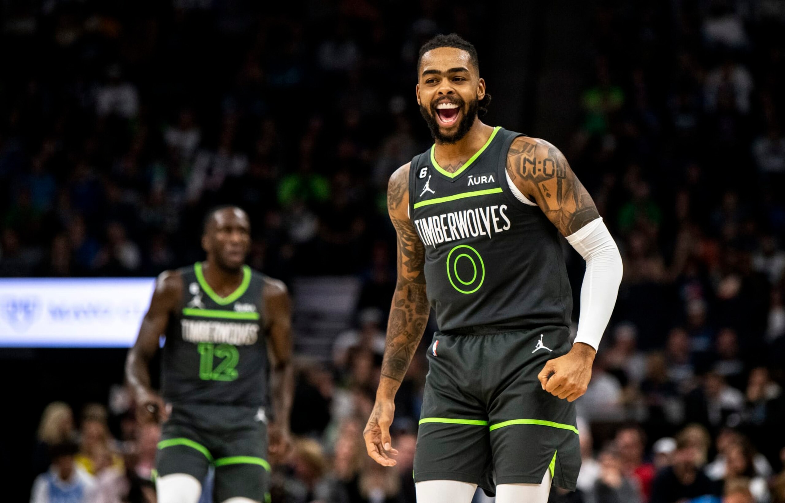 MINNEAPOLIS, MN - OCTOBER 21: D'Angelo Russell #0 of the Minnesota Timberwolves reacts after missing a shot in the second quarter of the game against the Utah Jazz at Target Center on October 21, 2022 in Minneapolis, Minnesota. NOTE TO USER: User expressly acknowledges and agrees that, by downloading and or using this photograph, User is consenting to the terms and conditions of the Getty Images License Agreement. (Photo by Stephen Maturen/Getty Images)