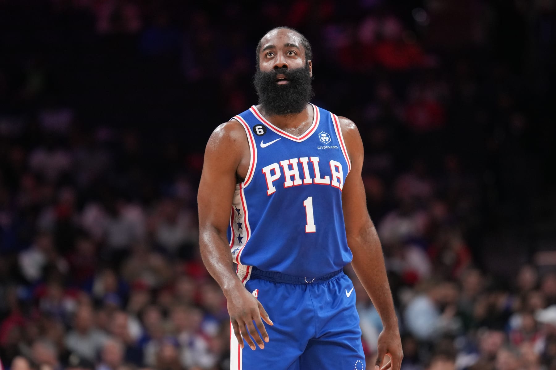 PHILADELPHIA, PA - OCTOBER 24: James Harden #1 of the Philadelphia 76ers looks on during the game against the Indiana Pacers on October 24, 2022 at the Wells Fargo Center in Philadelphia, Pennsylvania NOTE TO USER: User expressly acknowledges and agrees that, by downloading and/or using this Photograph, user is consenting to the terms and conditions of the Getty Images License Agreement. Mandatory Copyright Notice: Copyright 2022 NBAE (Photo by Jesse D. Garrabrant/NBAE via Getty Images)