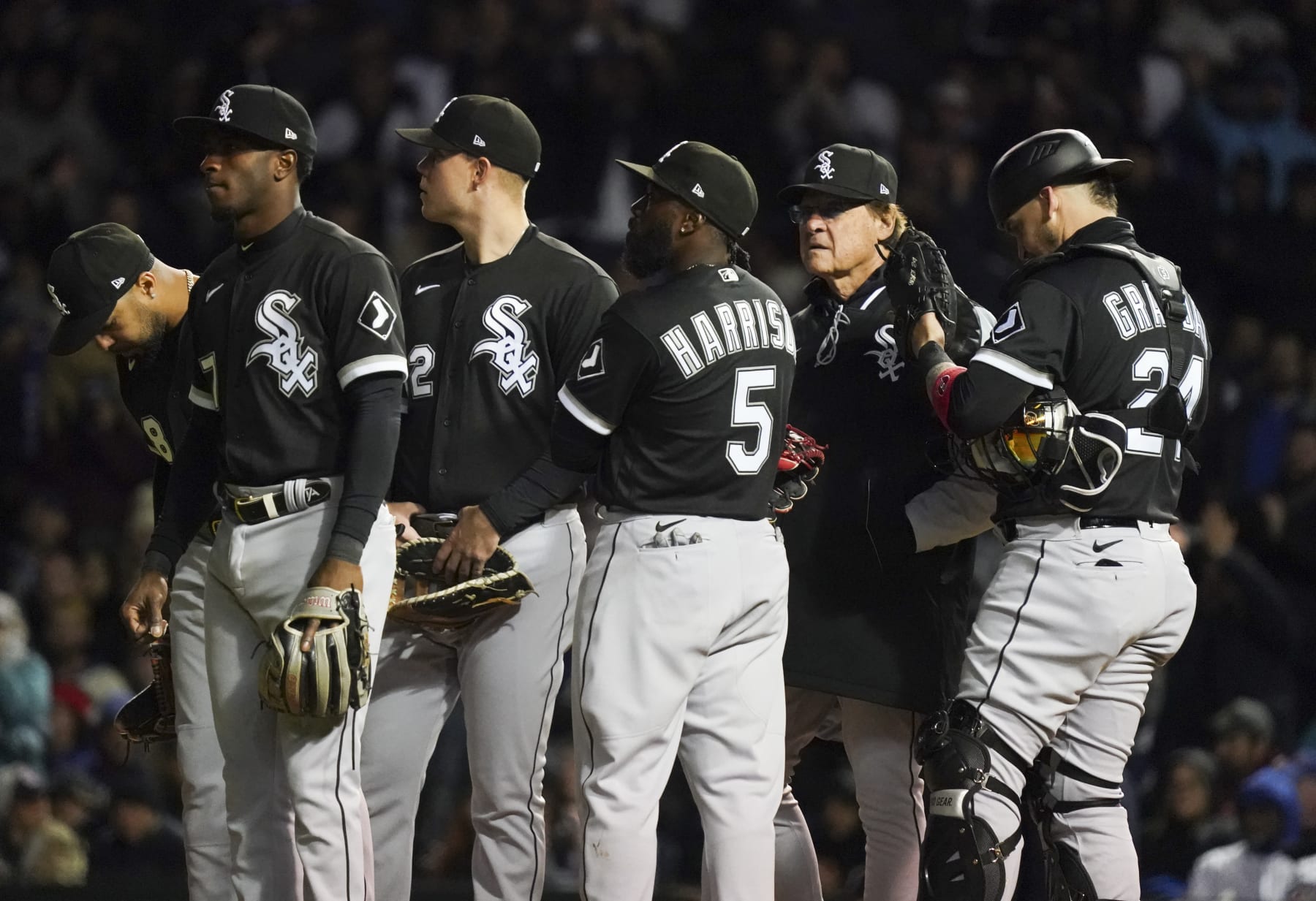 CHICAGO, ILLINOIS - MAY 04:  Manager Tony La Russa #22 of the Chicago White Sox visits the mound for a pitching change during the sixth inning of a game against the Chicago Cubs at Wrigley Field on May 04, 2022 in Chicago, Illinois. (Photo by Nuccio DiNuzzo/Getty Images)