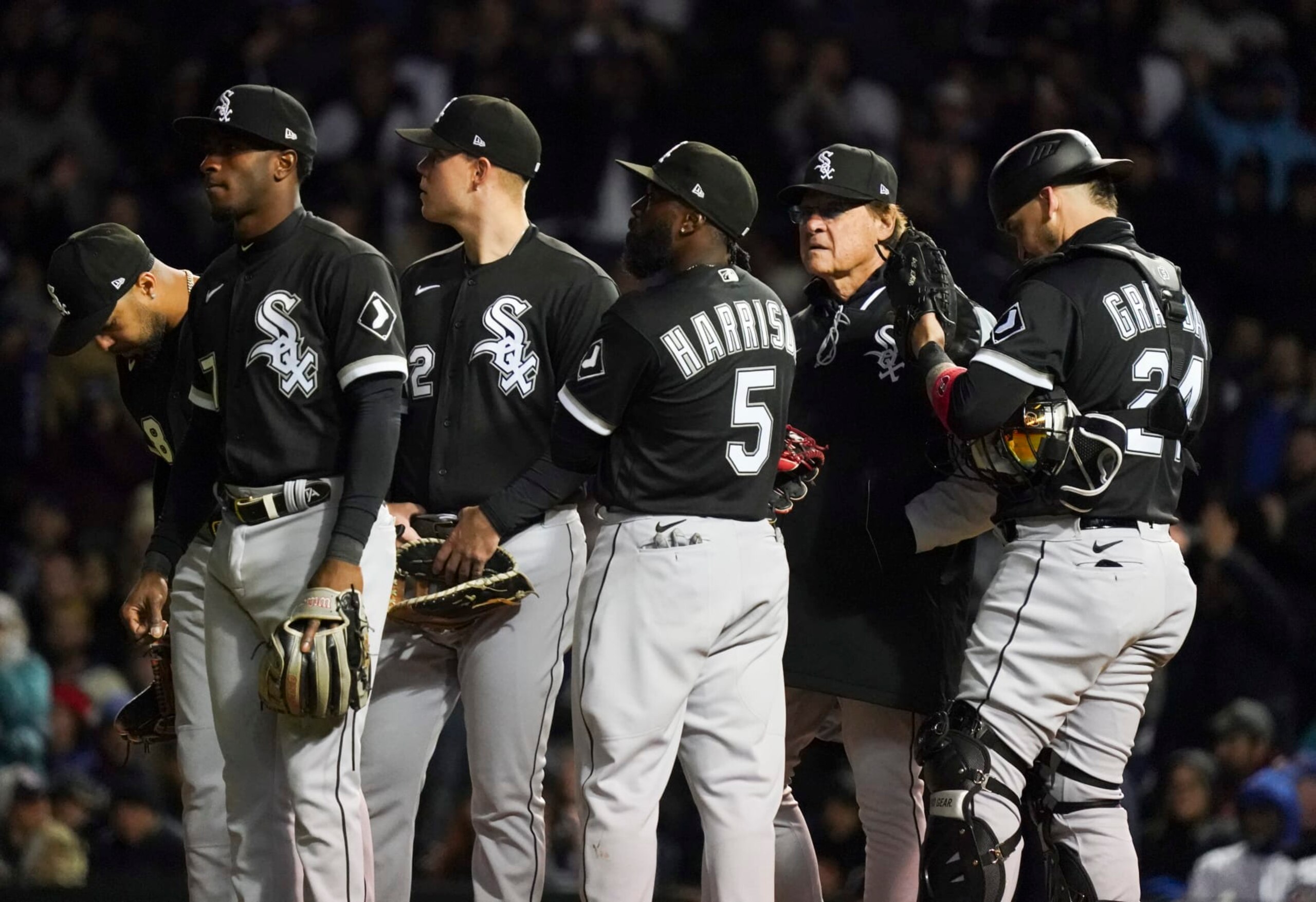 CHICAGO, ILLINOIS - MAY 04:  Manager Tony La Russa #22 of the Chicago White Sox visits the mound for a pitching change during the sixth inning of a game against the Chicago Cubs at Wrigley Field on May 04, 2022 in Chicago, Illinois. (Photo by Nuccio DiNuzzo/Getty Images)
