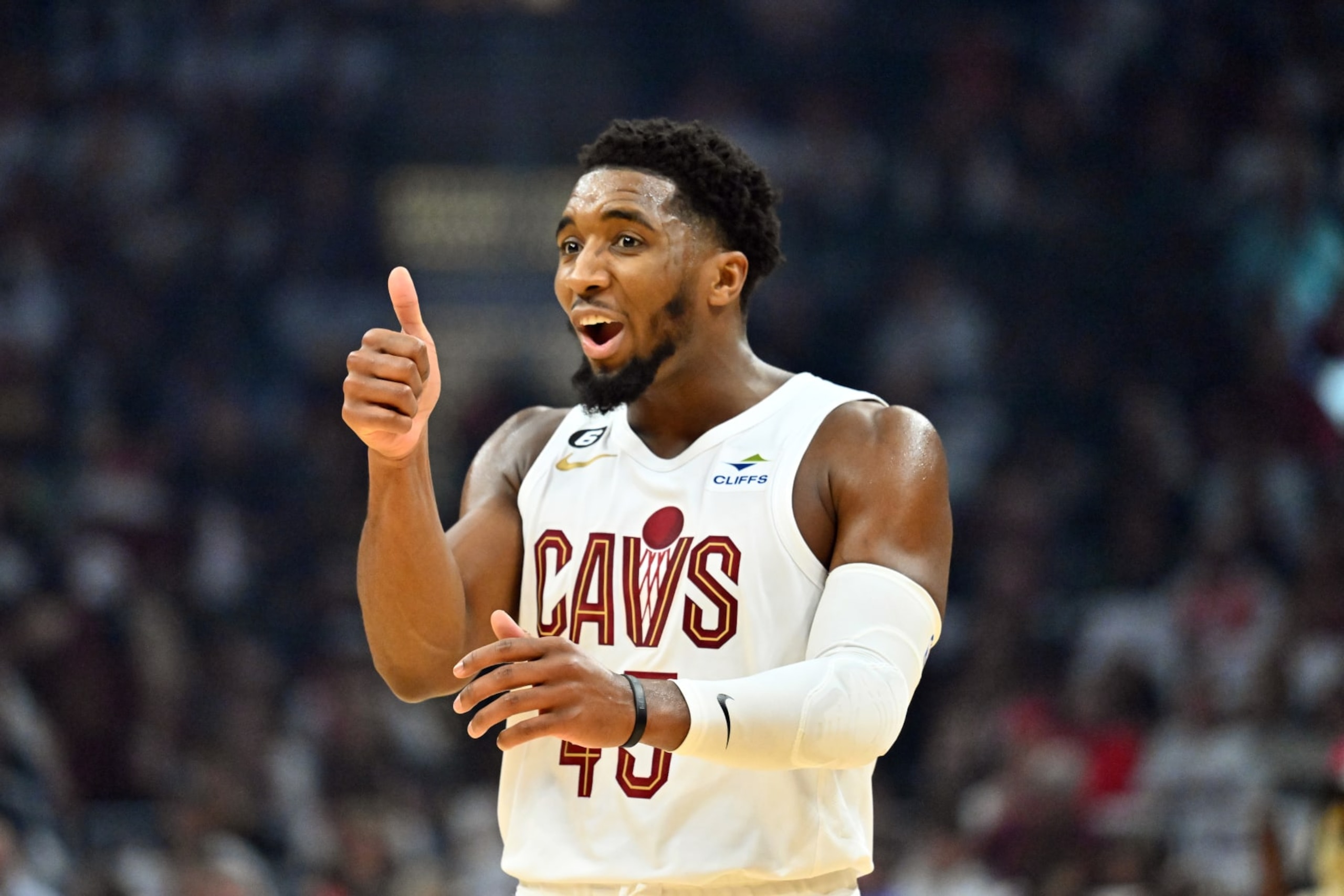CLEVELAND, OHIO - OCTOBER 23: Donovan Mitchell #45 of the Cleveland Cavaliers reacts during the second quarter against the Washington Wizards at Rocket Mortgage Fieldhouse on October 23, 2022 in Cleveland, Ohio. NOTE TO USER: User expressly acknowledges and agrees that, by downloading and or using this photograph, User is consenting to the terms and conditions of the Getty Images License Agreement. (Photo by Jason Miller/Getty Images)