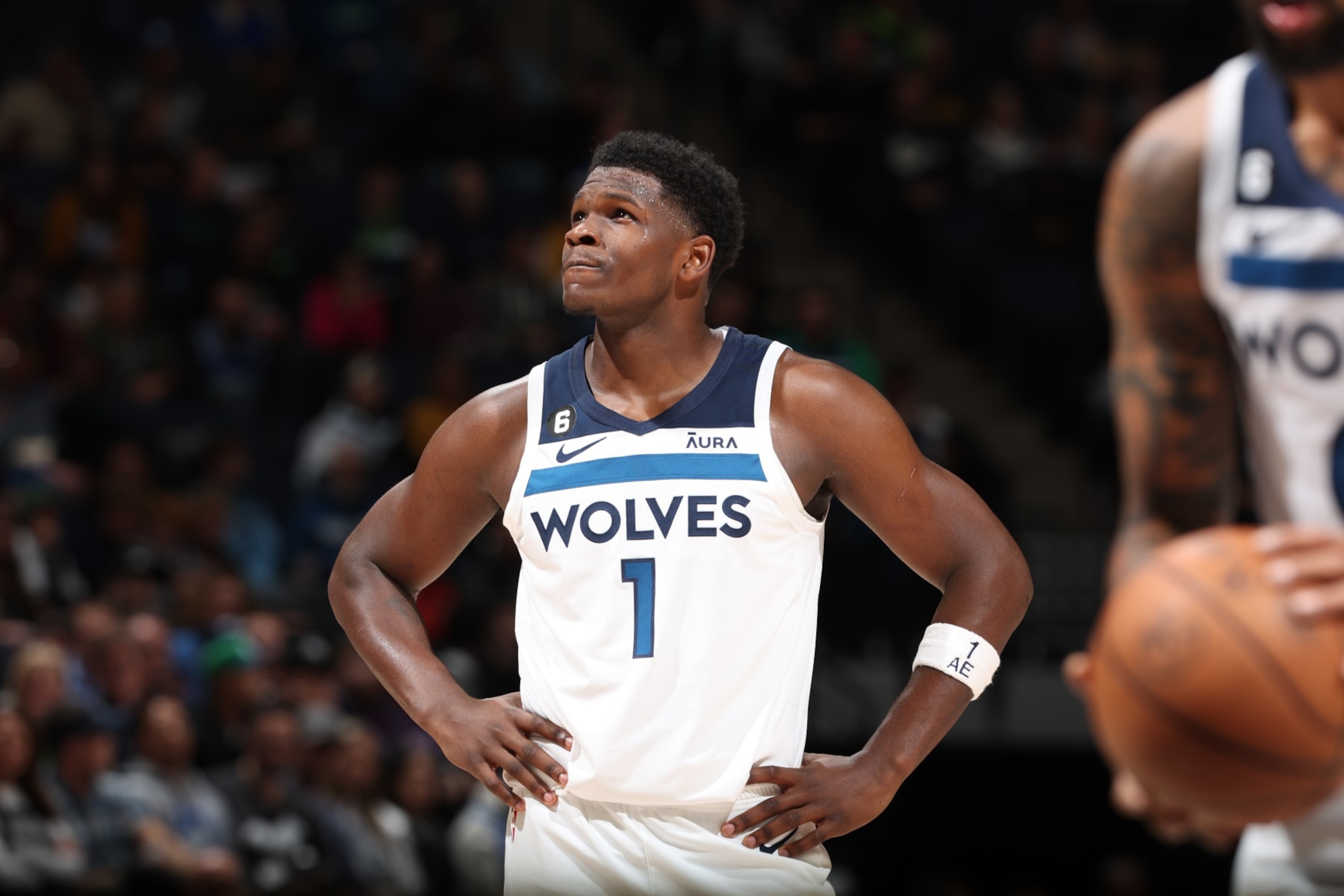MINNEAPOLIS, MN -  OCTOBER 24: Anthony Edwards #1 of the Minnesota Timberwolves stands on the court during the game against the San Antonio Spurs on October 24, 2022 at Target Center in Minneapolis, Minnesota. NOTE TO USER: User expressly acknowledges and agrees that, by downloading and or using this Photograph, user is consenting to the terms and conditions of the Getty Images License Agreement. Mandatory Copyright Notice: Copyright 2022 NBAE (Photo by David Sherman/NBAE via Getty Images)