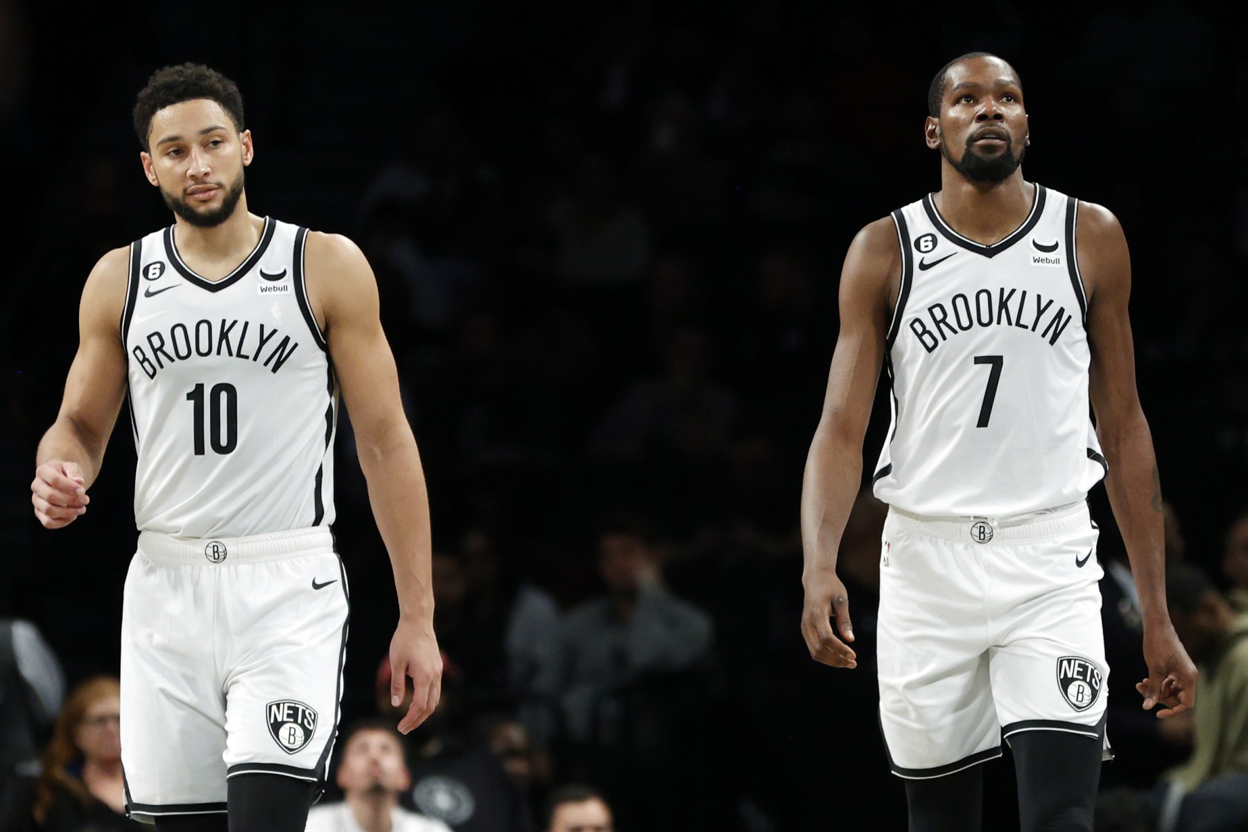 NEW YORK, NEW YORK - OCTOBER 06: Ben Simmons #10 and Kevin Durant #7 of the Brooklyn Nets look on during the second half against the Miami Heat at Barclays Center on October 06, 2022 in the Brooklyn borough of New York City. NOTE TO USER: User expressly acknowledges and agrees that, by downloading and or using this photograph, User is consenting to the terms and conditions of the Getty Images License Agreement. (Photo by Sarah Stier/Getty Images)