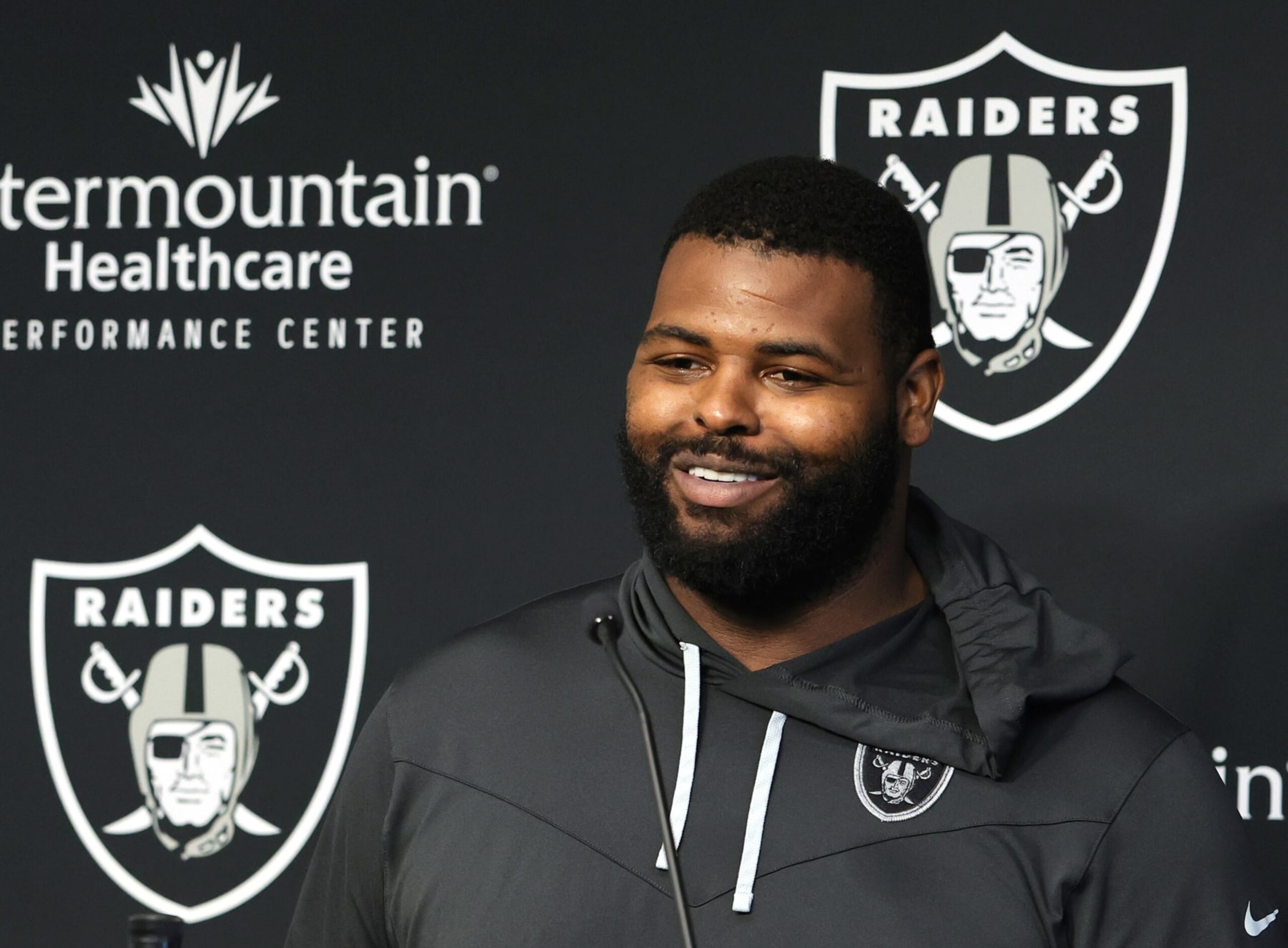 HENDERSON, NEVADA - AUGUST 23: Defensive tackle Johnathan Hankins #90 of the Las Vegas Raiders speaks at a news conference after a joint practice with the New England Patriots at the Las Vegas Raiders Headquarters/Intermountain Healthcare Performance Center on August 23, 2022 in Henderson, Nevada. The Patriots and Raiders will play a preseason game at Allegiant Stadium in Las Vegas on August 26. (Photo by Ethan Miller/Getty Images)
