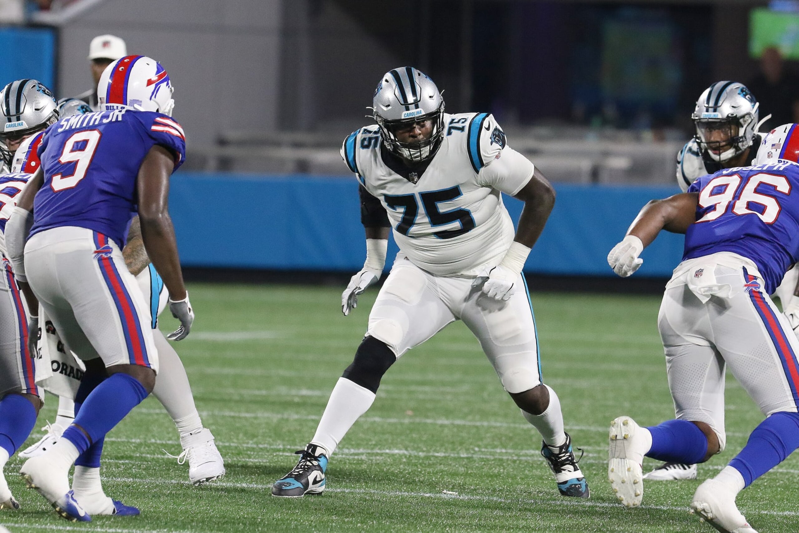 CHARLOTTE, NC - AUGUST 26: Carolina Panthers tackle Cameron Erving (75) during a NFL preseason football game between the Buffalo Bills and the Carolina Panthers on August 26, 2022 at Bank of America Stadium in Charlotte, N.C. (Photo by John Byrum/Icon Sportswire via Getty Images)