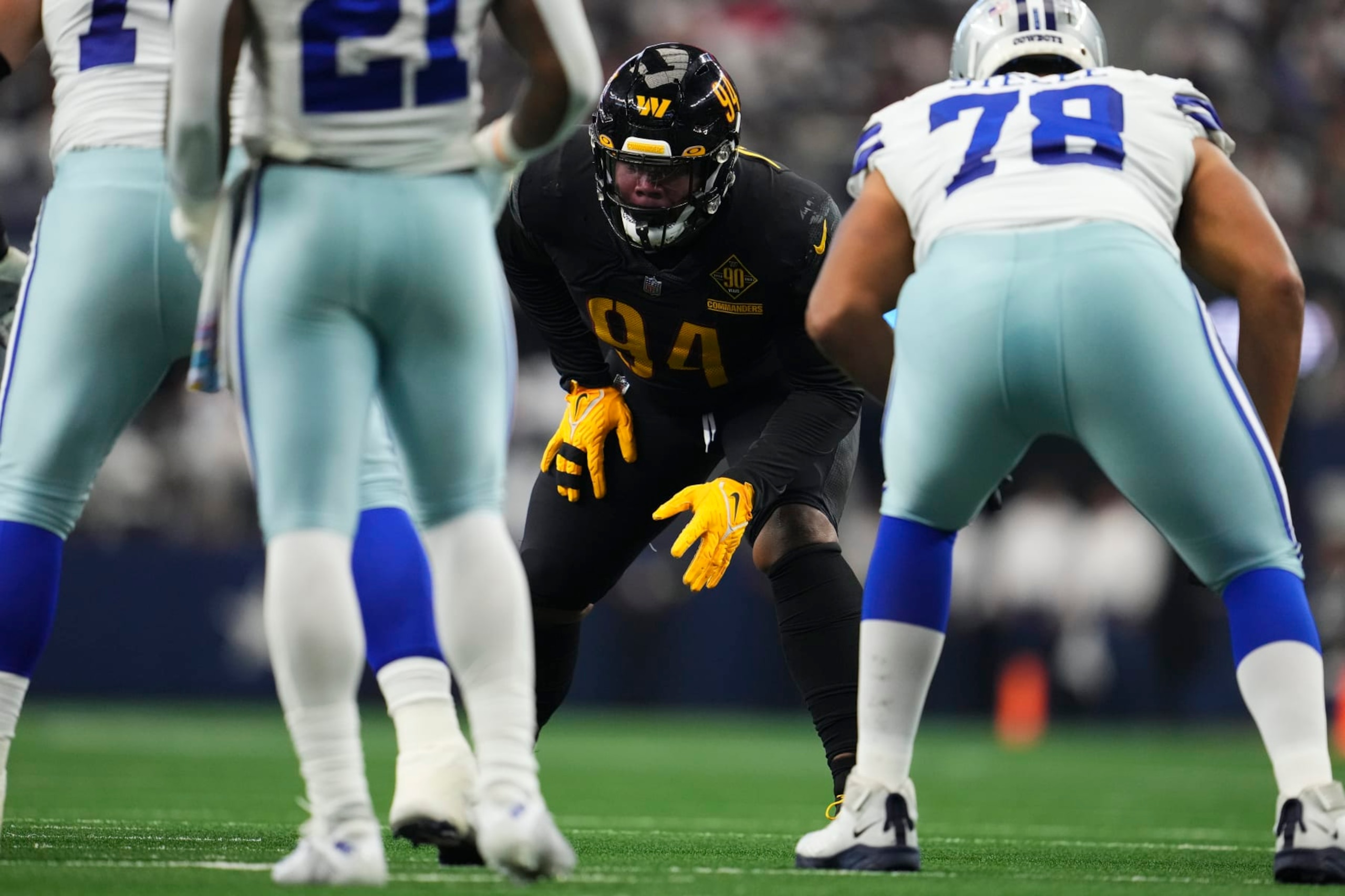 ARLINGTON, TX - OCTOBER 02: Daron Payne #94 of the Washington Commanders gets set against the Dallas Cowboys at AT&T Stadium on October 2, 2022 in Arlington, Texas. (Photo by Cooper Neill/Getty Images)