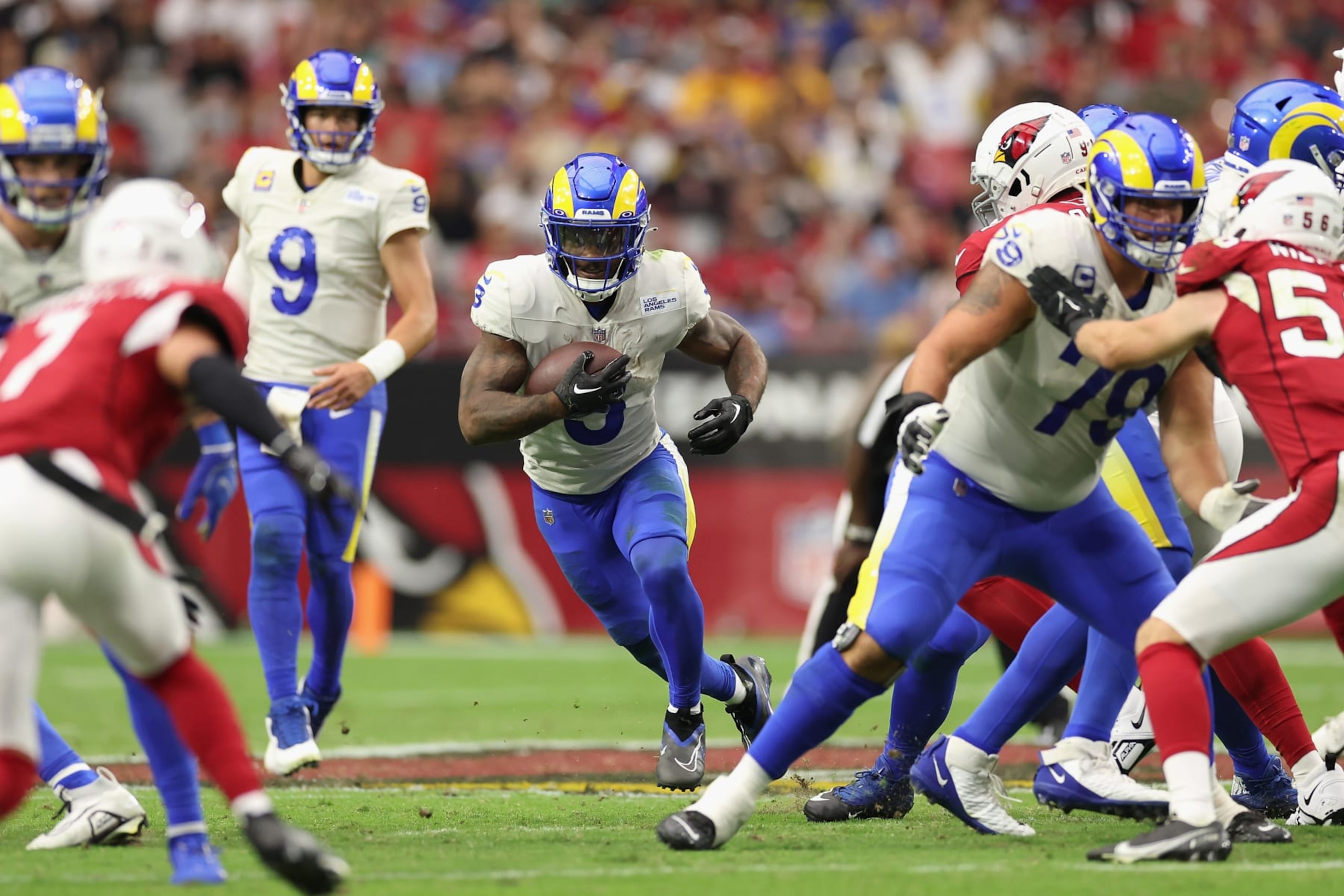 GLENDALE, ARIZONA - SEPTEMBER 25: Running back Cam Akers #3 of the Los Angeles Rams rushes the football against the Arizona Cardinals during the second half of the NFL game at State Farm Stadium on September 25, 2022 in Glendale, Arizona. The Rams defeated the Cardinals 20-12.  (Photo by Christian Petersen/Getty Images)
