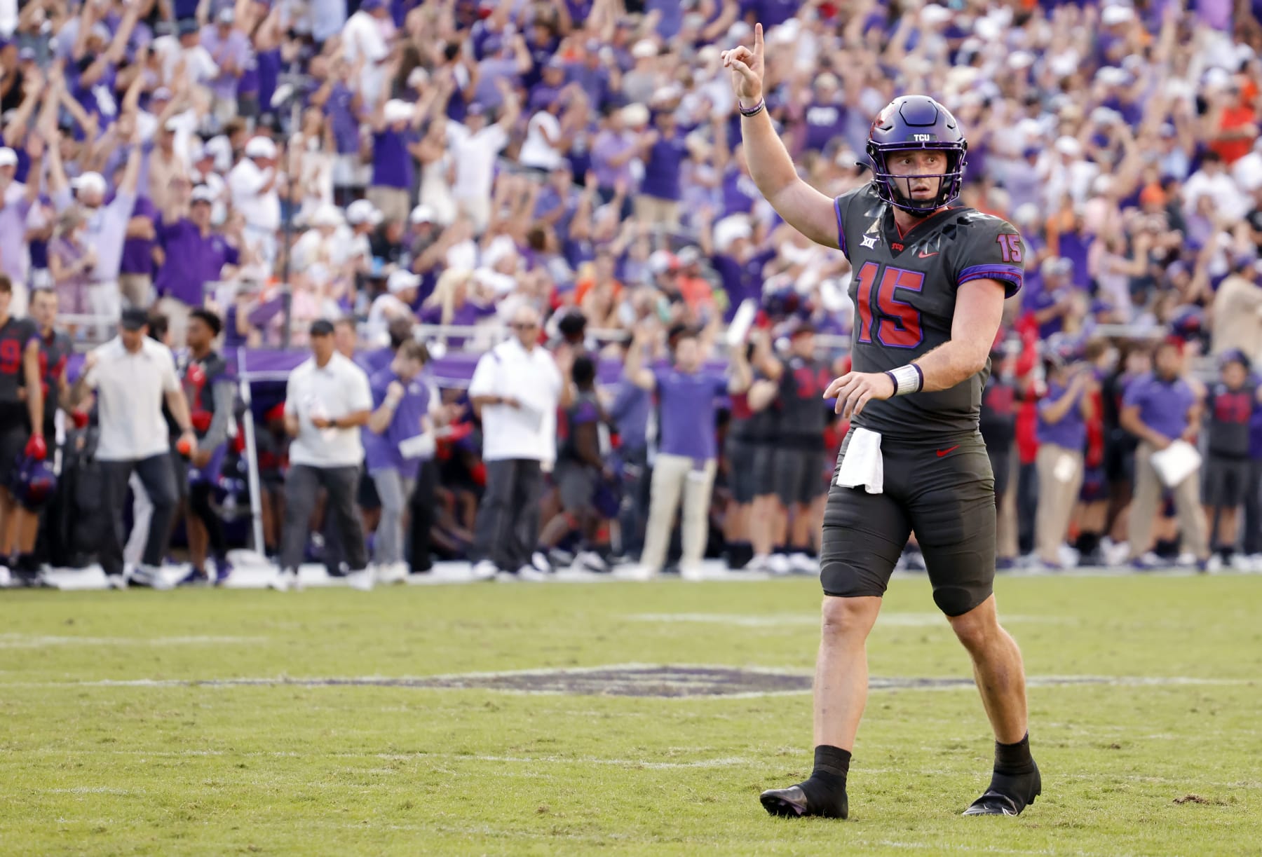 FORT WORTH, TX - OCTOBER 15: Max Duggan #15 of the TCU Horned Frogs reacts after throwing a touchdown pass during the first overtime at Amon G. Carter Stadium on October 15, 2022 in Fort Worth, Texas. TCU won 43-40 in double overtime. (Photo by Ron Jenkins/Getty Images)