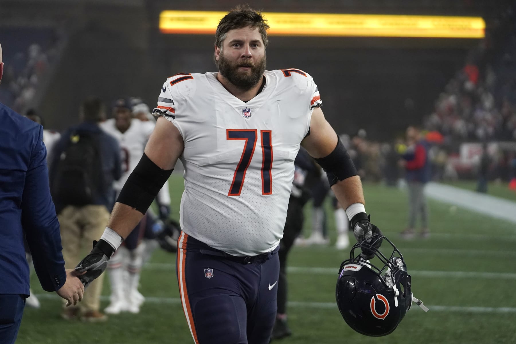 Chicago Bears offensive tackle Riley Reiff (71) after an NFL football game, Monday, Oct. 24, 2022, in Foxborough, Mass. (AP Photo/Steven Senne)