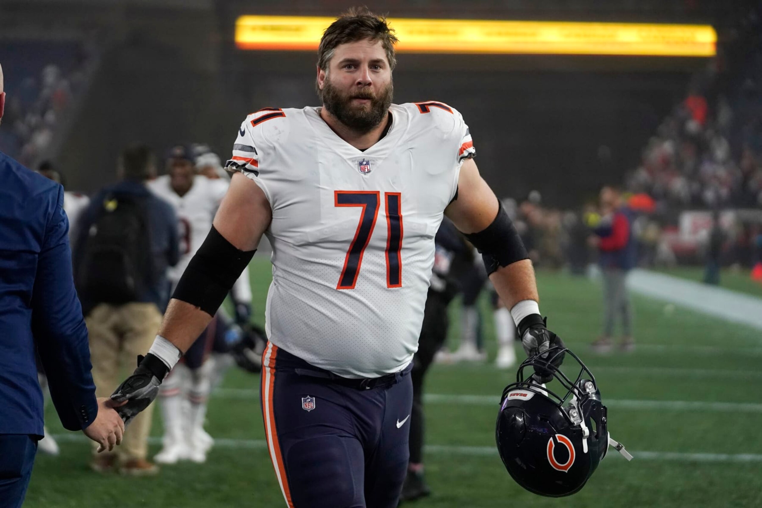 Chicago Bears offensive tackle Riley Reiff (71) after an NFL football game, Monday, Oct. 24, 2022, in Foxborough, Mass. (AP Photo/Steven Senne)