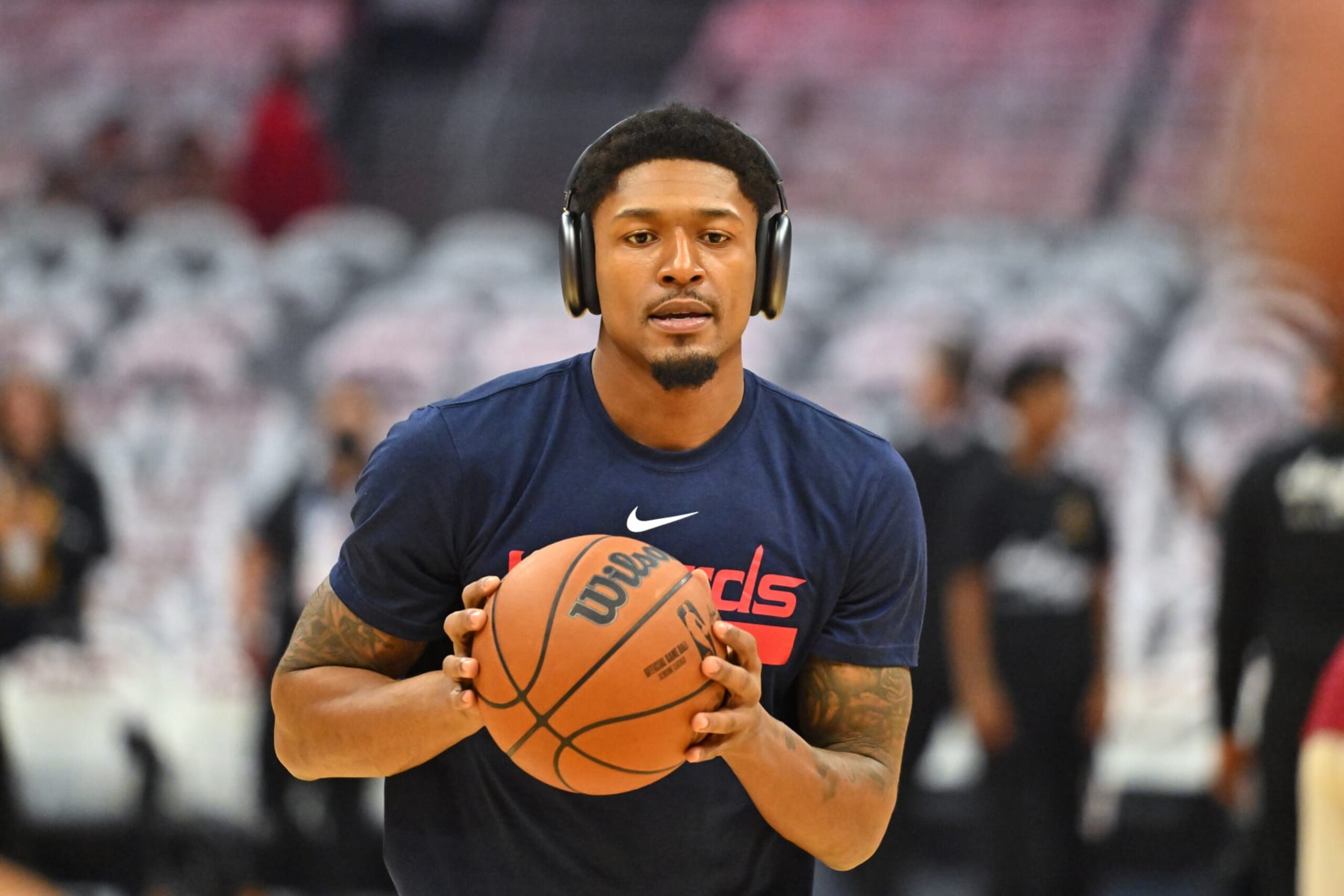 CLEVELAND, OHIO - OCTOBER 23: Bradley Beal #3 of the Washington Wizards warms up prior to the game against the Cleveland Cavaliers at Rocket Mortgage Fieldhouse on October 23, 2022 in Cleveland, Ohio. NOTE TO USER: User expressly acknowledges and agrees that, by downloading and or using this photograph, User is consenting to the terms and conditions of the Getty Images License Agreement. (Photo by Jason Miller/Getty Images)
