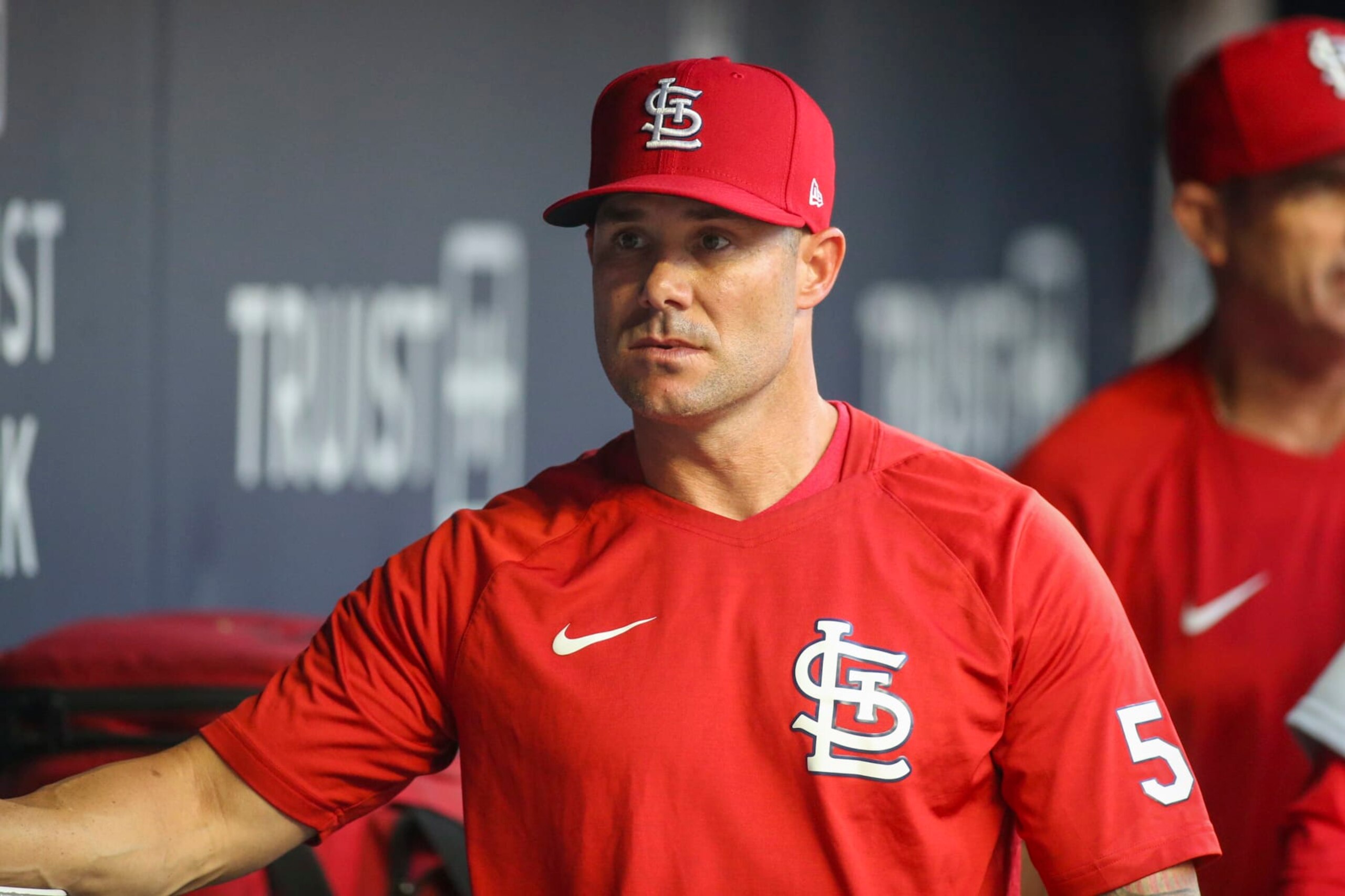 ATLANTA, GA - JULY 05: Skip Schumaker #55 of the St. Louis Cardinals in the dugout before a game against the Atlanta Braves at Truist Park on July 5, 2022 in Atlanta, Georgia. (Photo by Brett Davis/Getty Images) ATLANTA, GA - JULY 05: Skip Schumaker #55 of the St. Louis Cardinals in the dugout before a game against the Atlanta Braves at Truist Park on July 5, 2022 in Atlanta, Georgia. (Photo by Brett Davis/Getty Images)
