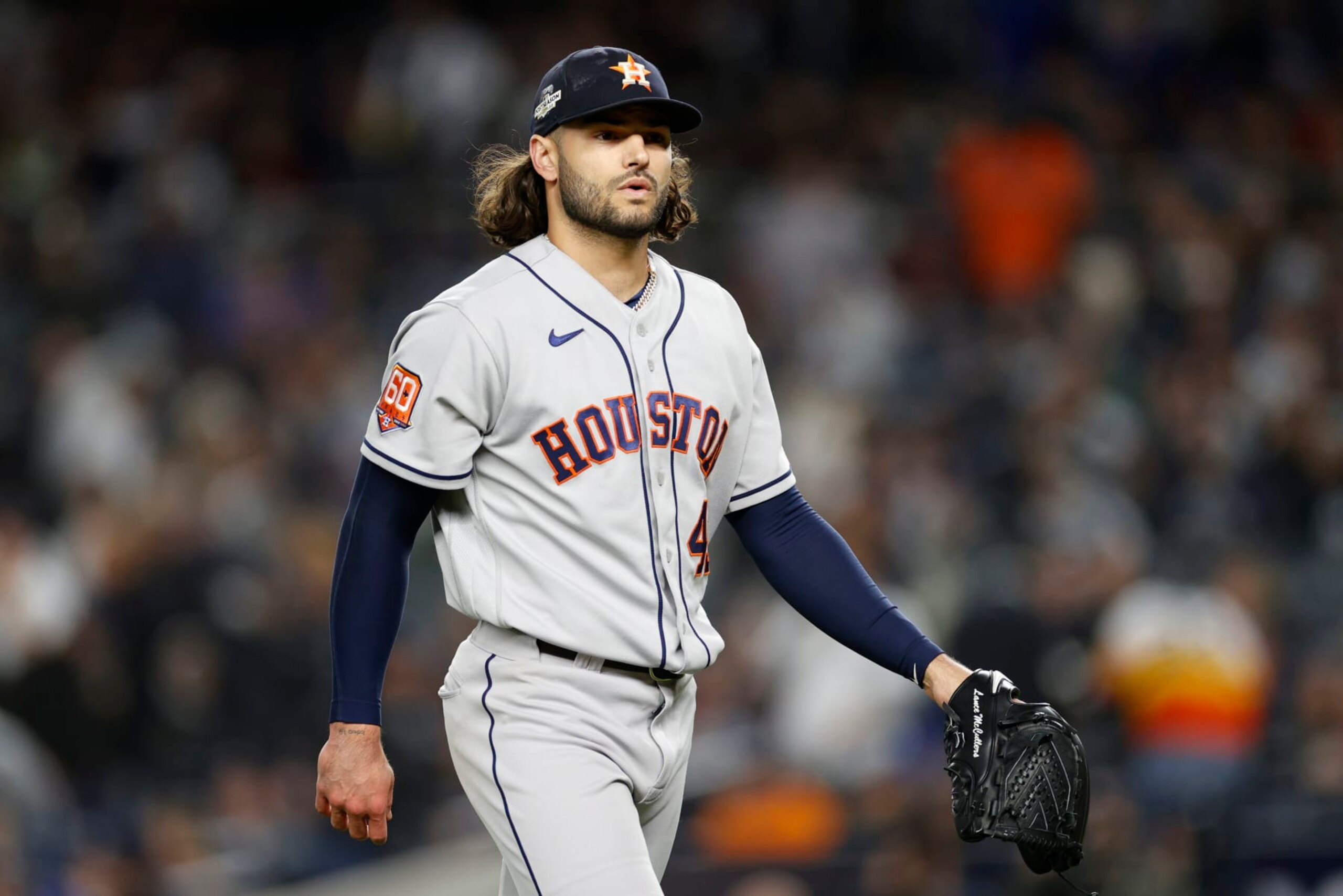 NEW YORK, NEW YORK - OCTOBER 23: Lance McCullers Jr. #43 of the Houston Astros walks off the mind during the third inning against the New York Yankees in game four of the American League Championship Series at Yankee Stadium on October 23, 2022 in the Bronx borough of New York City. (Photo by Sarah Stier/Getty Images)
