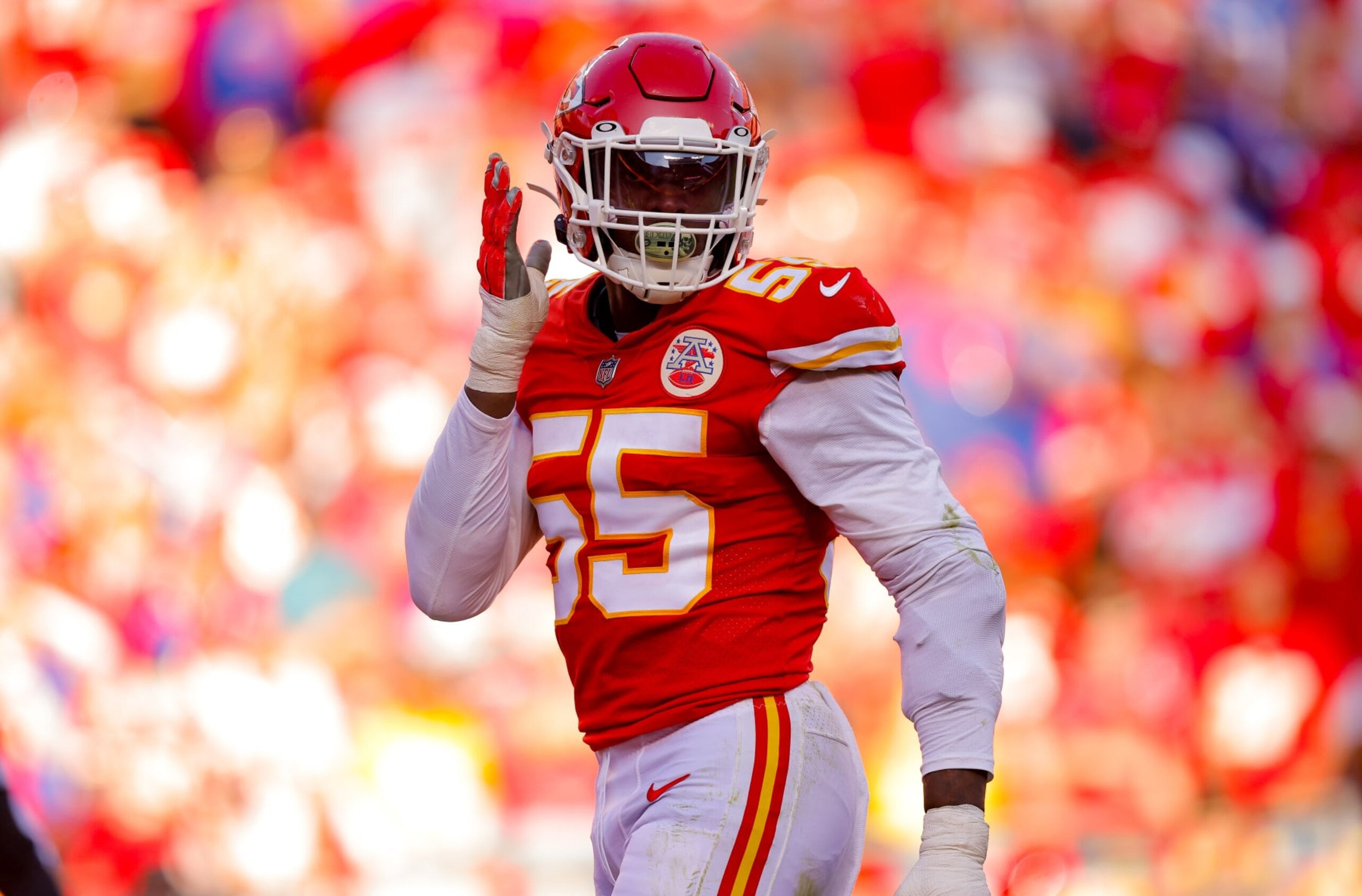 KANSAS CITY, MO - OCTOBER 16: Frank Clark #55 of the Kansas City Chiefs gestures during the second quarter against the Buffalo Bills at Arrowhead Stadium on October 16, 2022 in Kansas City, Missouri. (Photo by David Eulitt/Getty Images)