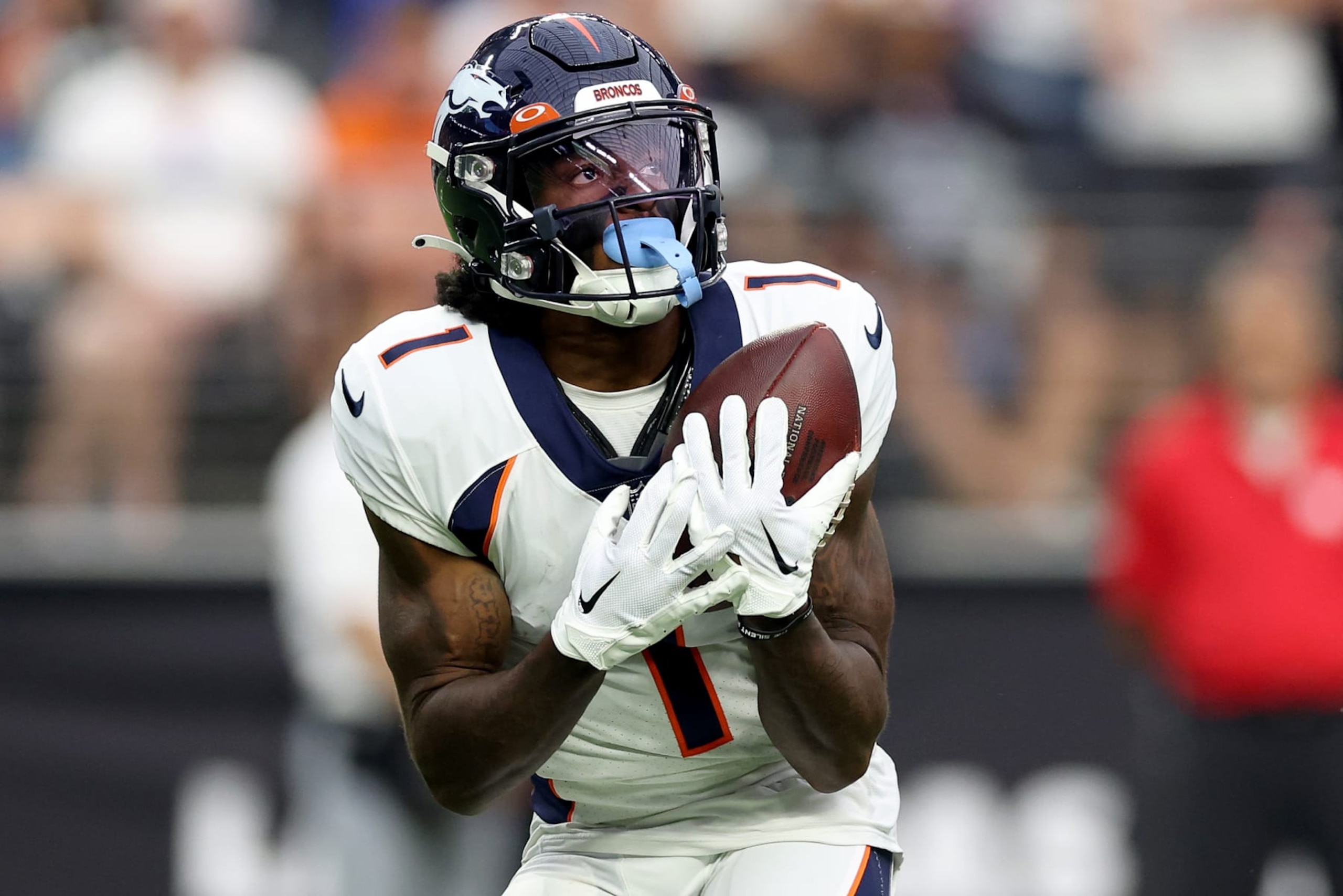 LAS VEGAS, NEVADA - OCTOBER 02: KJ Hamler #1 of the Denver Broncos makes a catch in the fourth quarter against the Las Vegas Raiders at Allegiant Stadium on October 02, 2022 in Las Vegas, Nevada. (Photo by Christian Petersen/Getty Images)