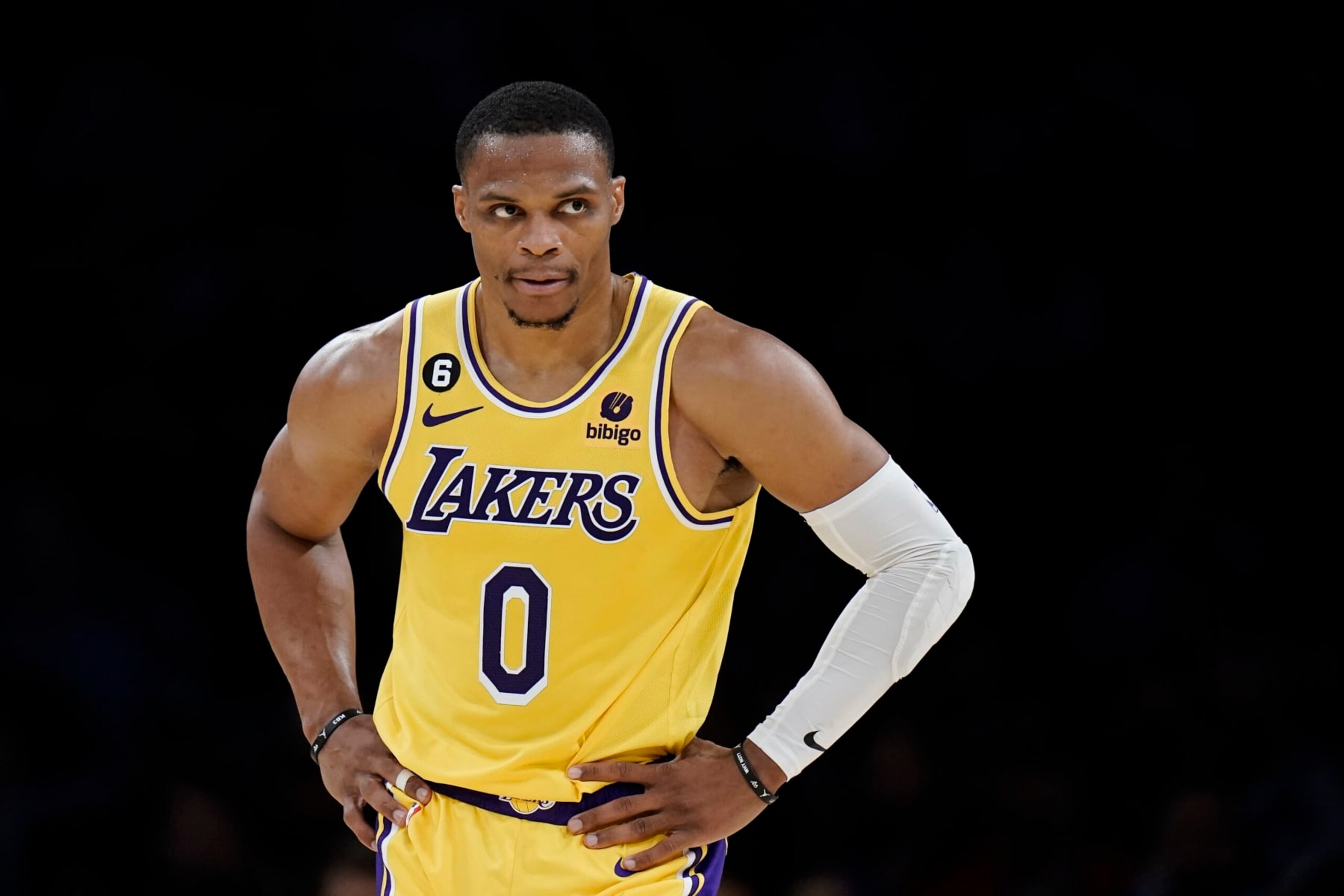 Los Angeles Lakers' Russell Westbrook stands on the court during first half of an NBA preseason basketball game against the Minnesota Timberwolves Wednesday, Oct. 12, 2022, in Los Angeles. (AP Photo/Jae C. Hong)