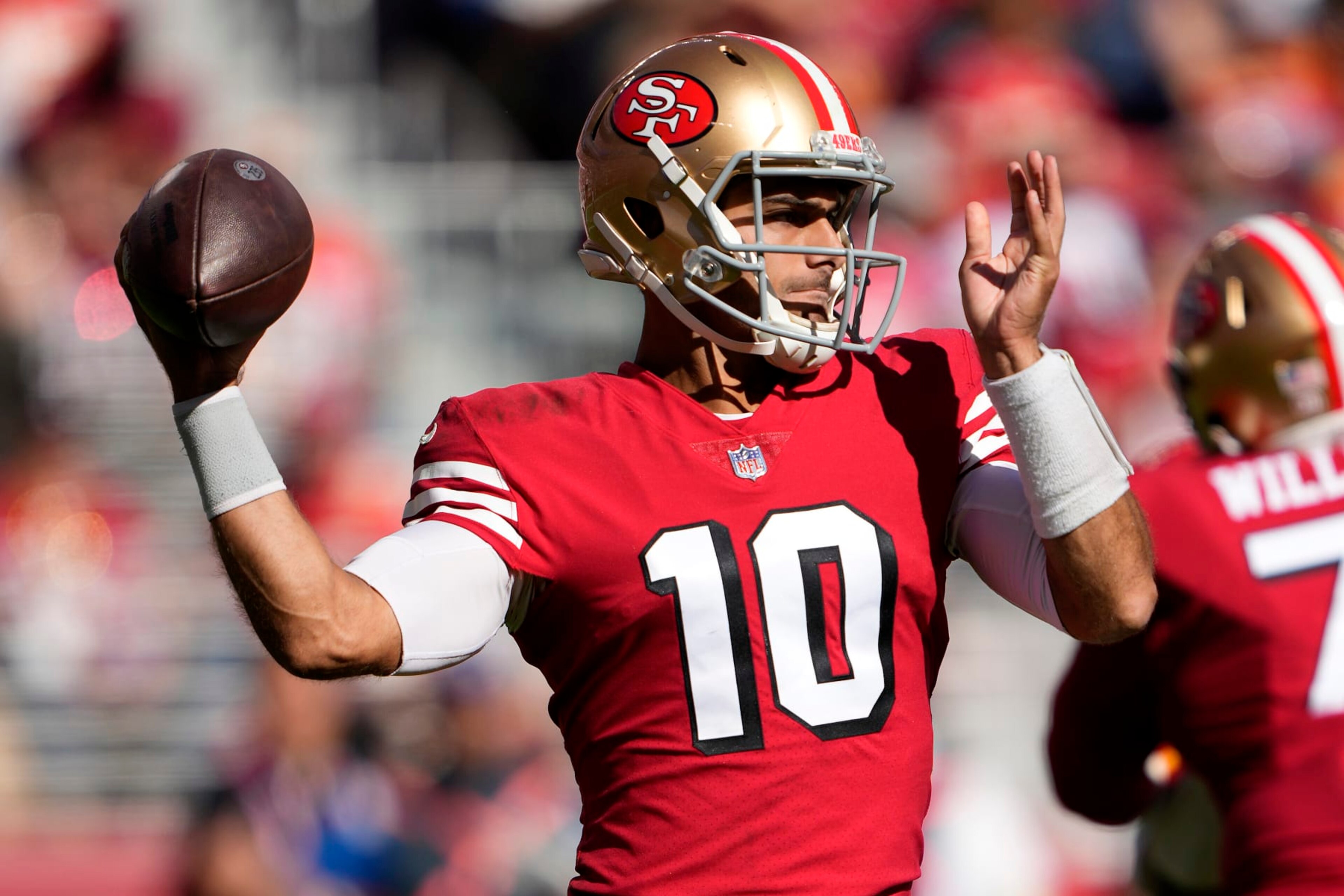 SANTA CLARA, CALIFORNIA - OCTOBER 23: Jimmy Garoppolo #10 of the San Francisco 49ers throws a pass in the second quarter against the Kansas City Chiefs at Levi's Stadium on October 23, 2022 in Santa Clara, California. (Photo by Thearon W. Henderson/Getty Images)